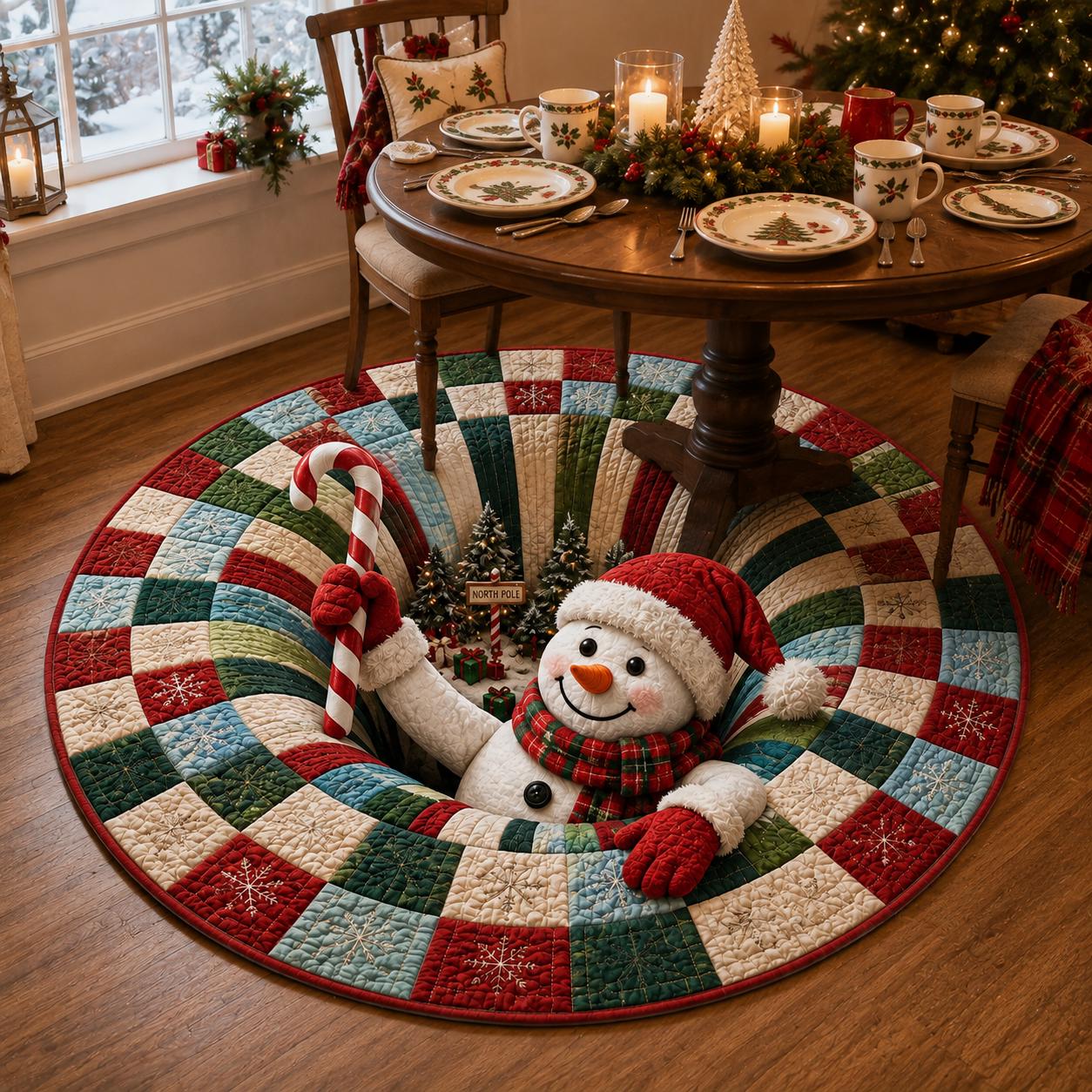 Snowman Christmas Round Rug with 3D Illusion Quilted Floor Mat and Candy Cane North Pole Winter Holiday Home Decor - photo 3