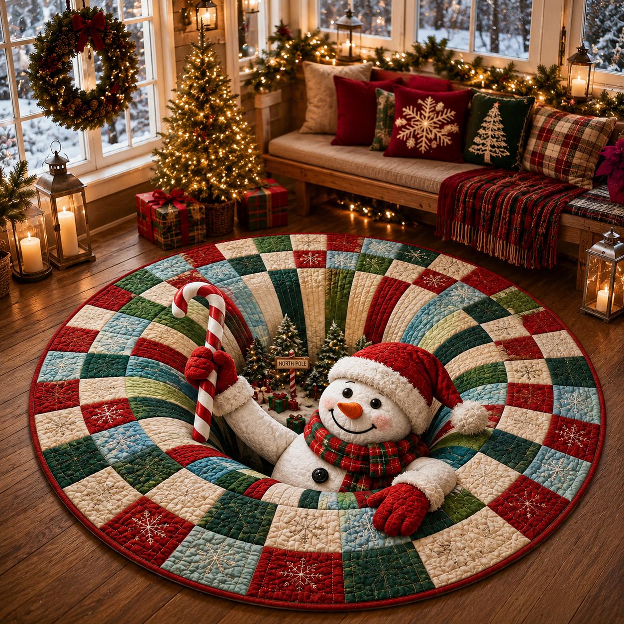 Snowman Christmas Round Rug with 3D Illusion Quilted Floor Mat and Candy Cane North Pole Winter Holiday Home Decor - photo 5