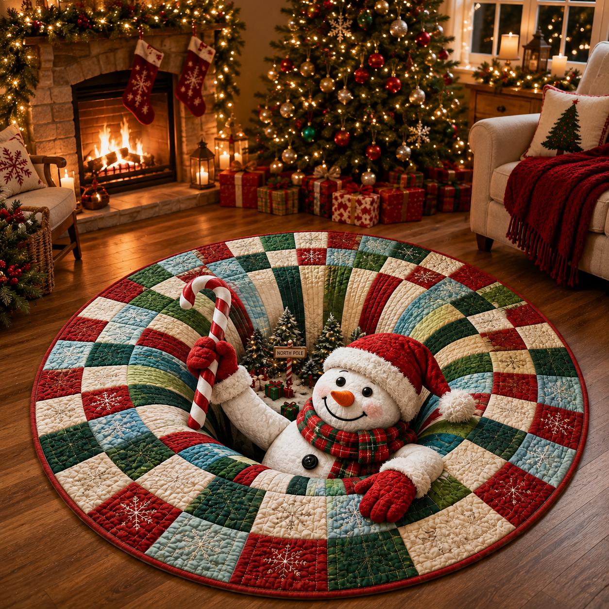 Snowman Christmas Round Rug with 3D Illusion Quilted Floor Mat and Candy Cane North Pole Winter Holiday Home Decor - photo 6