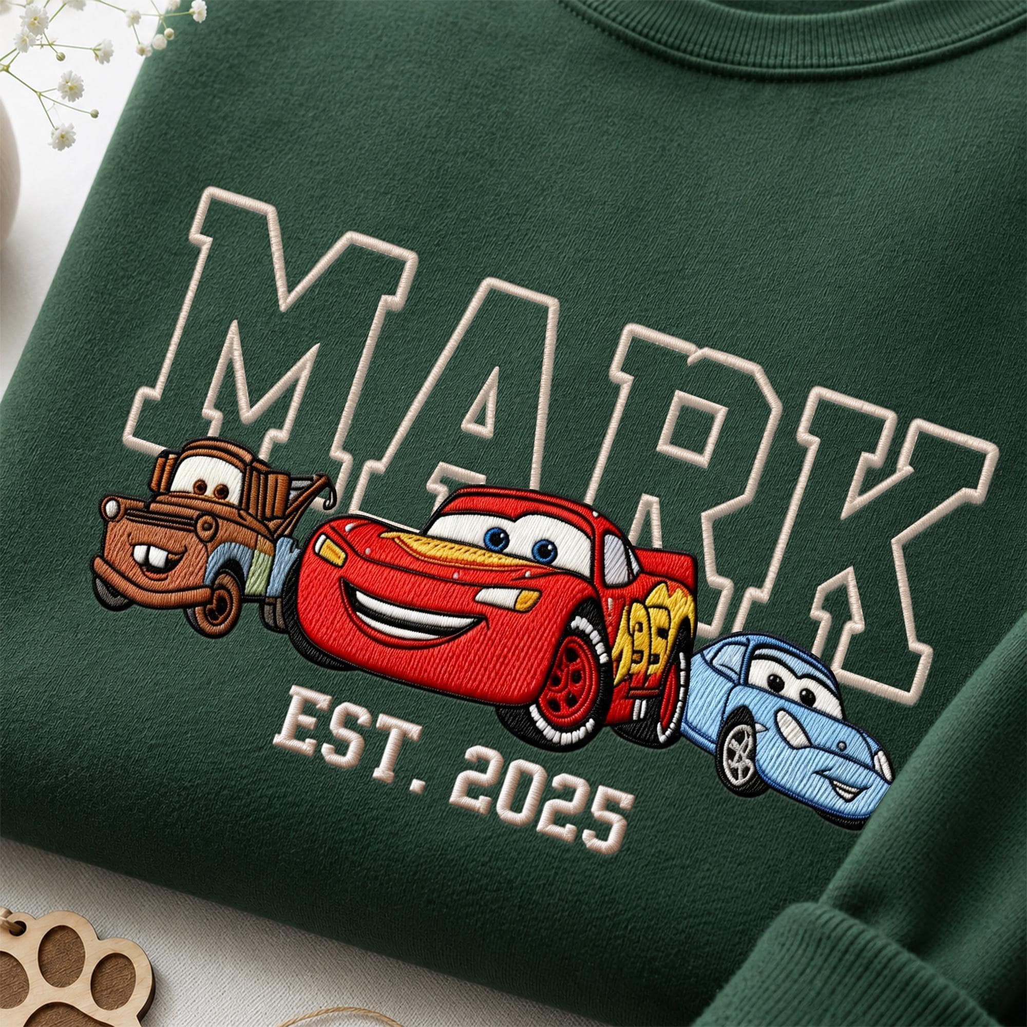 Personalized Embroidered Lightning McQueen Disney Cars Sweatshirt Hoodie and Baby Tee for a Race Car Birthday Trip