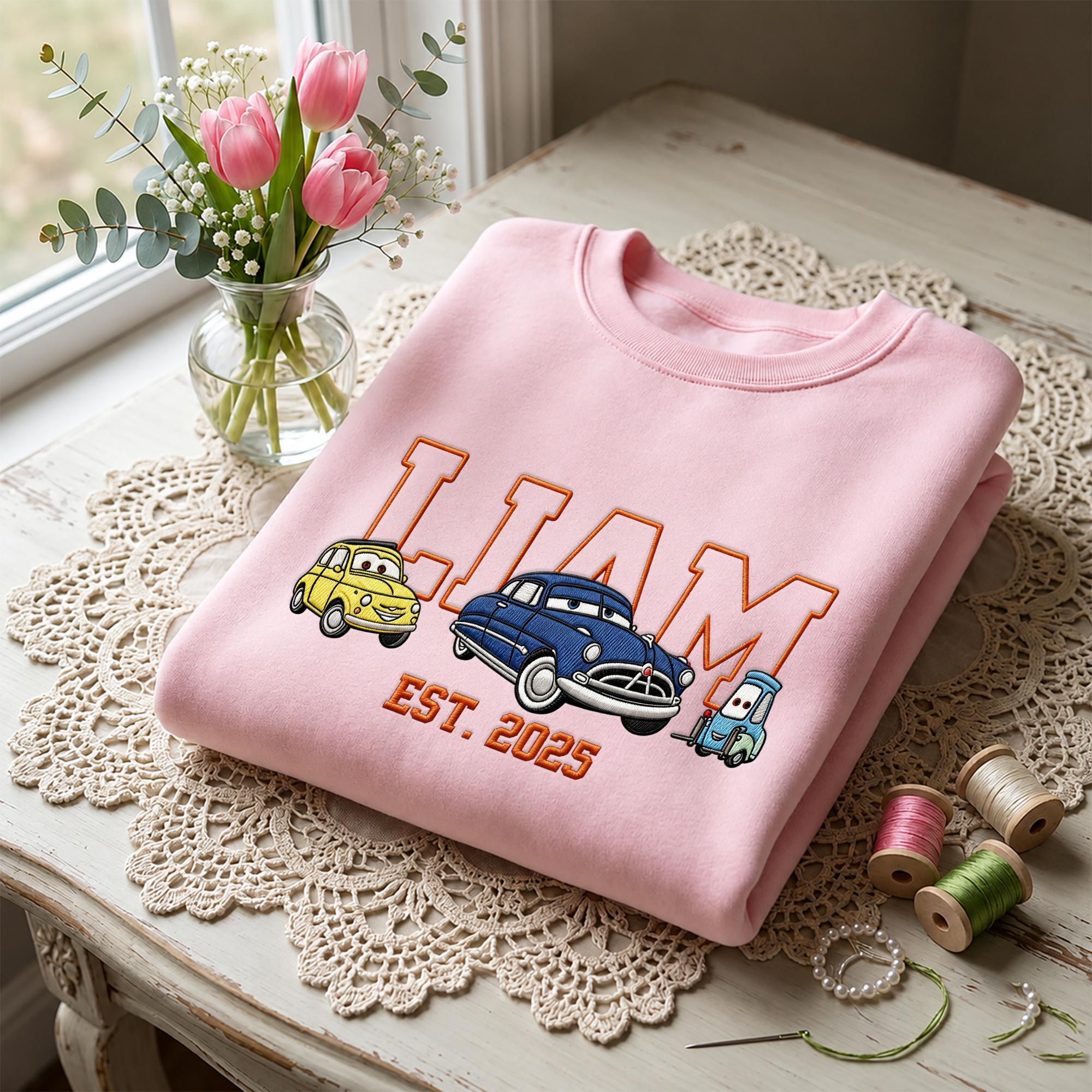 Personalized Embroidered Lightning McQueen Disney Cars Sweatshirt Hoodie and Baby Tee for a Race Car Birthday Trip - photo 3