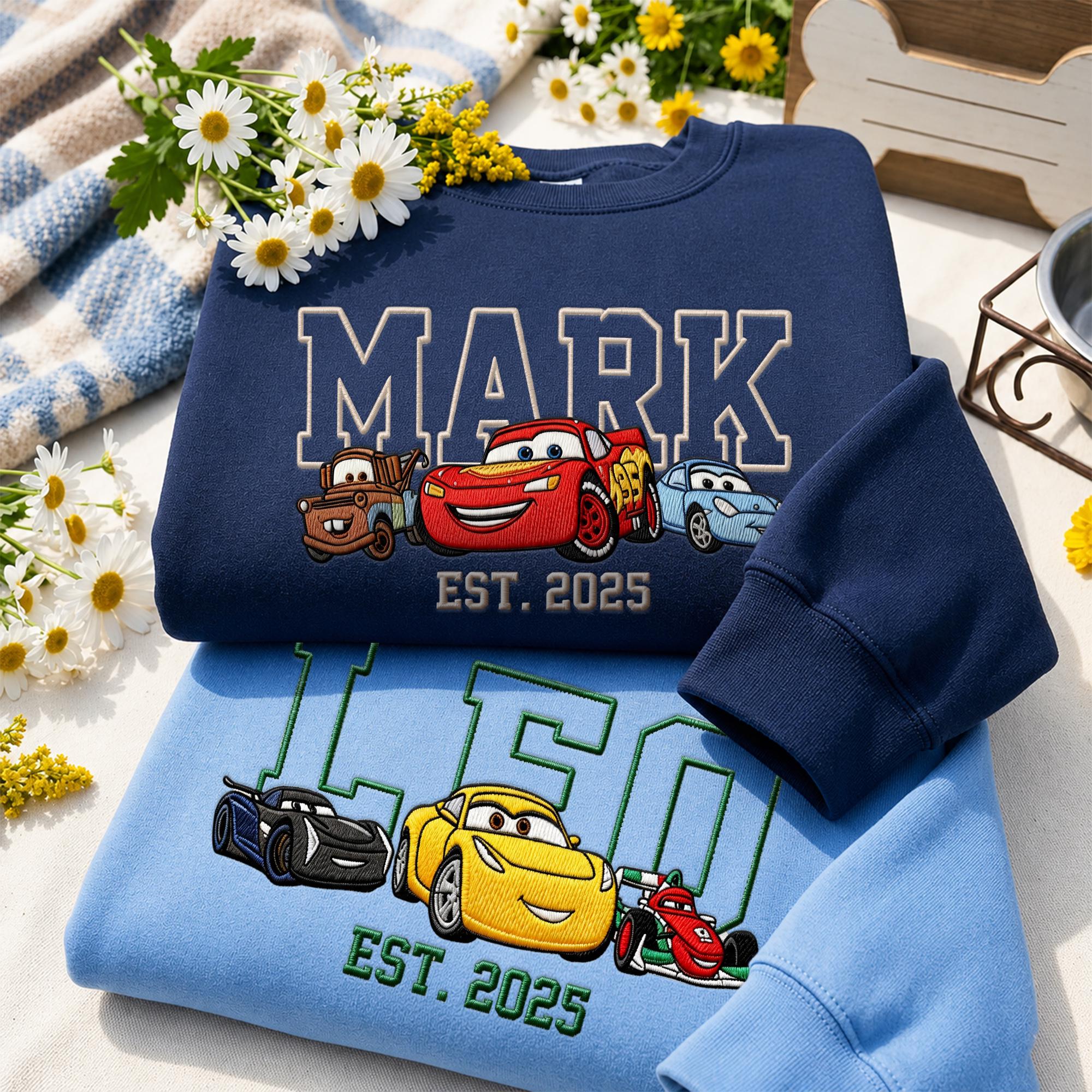 Personalized Embroidered Lightning McQueen Disney Cars Sweatshirt Hoodie and Baby Tee for a Race Car Birthday Trip - photo 5
