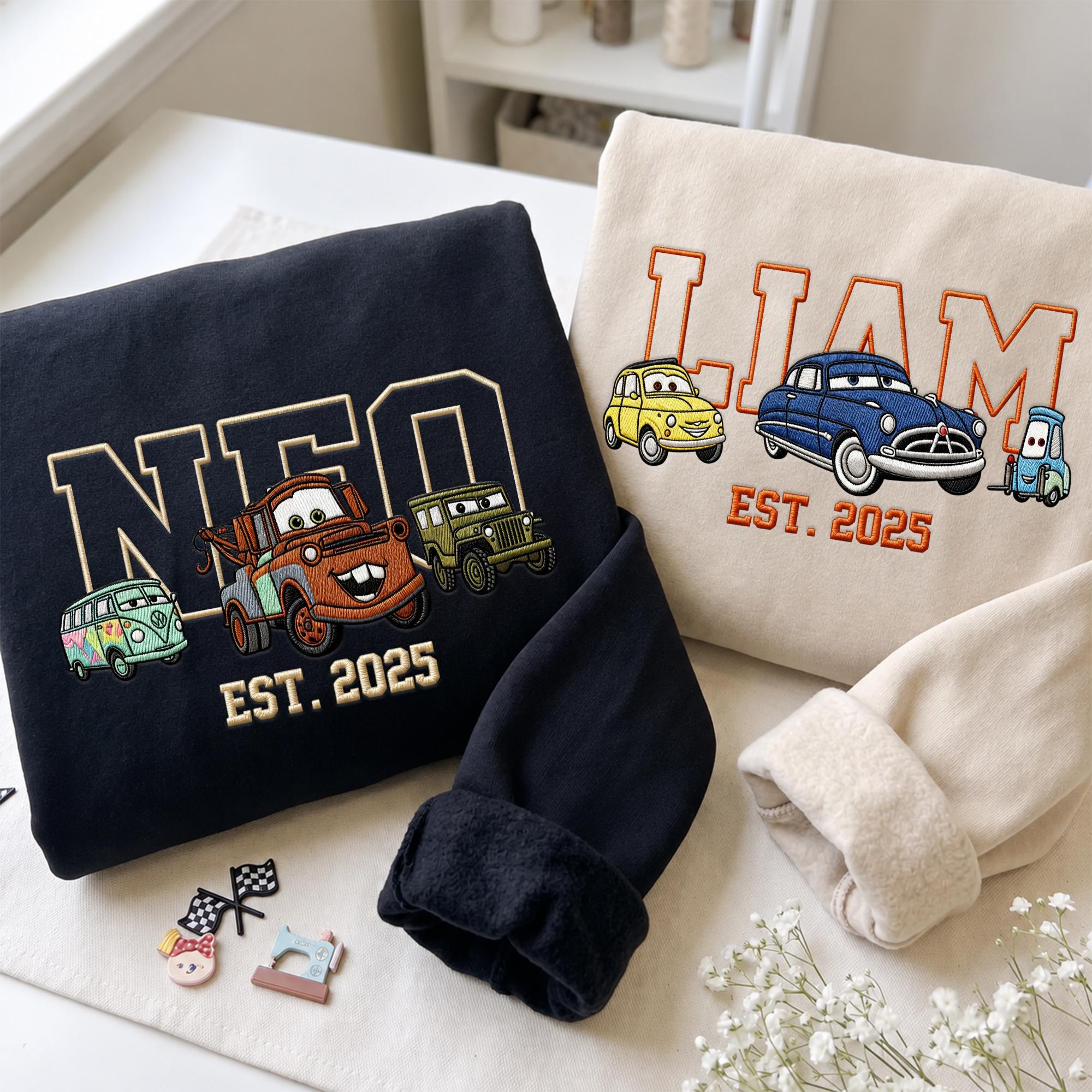 Personalized Embroidered Lightning McQueen Disney Cars Sweatshirt Hoodie and Baby Tee for a Race Car Birthday Trip - photo 11