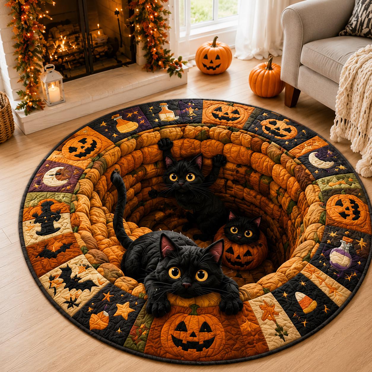 Black Cat Halloween Round Rug – 3D Illusion Quilted Pumpkin Cat Hole Floor Mat for Funny Spooky Black Cats Halloween Home Decor