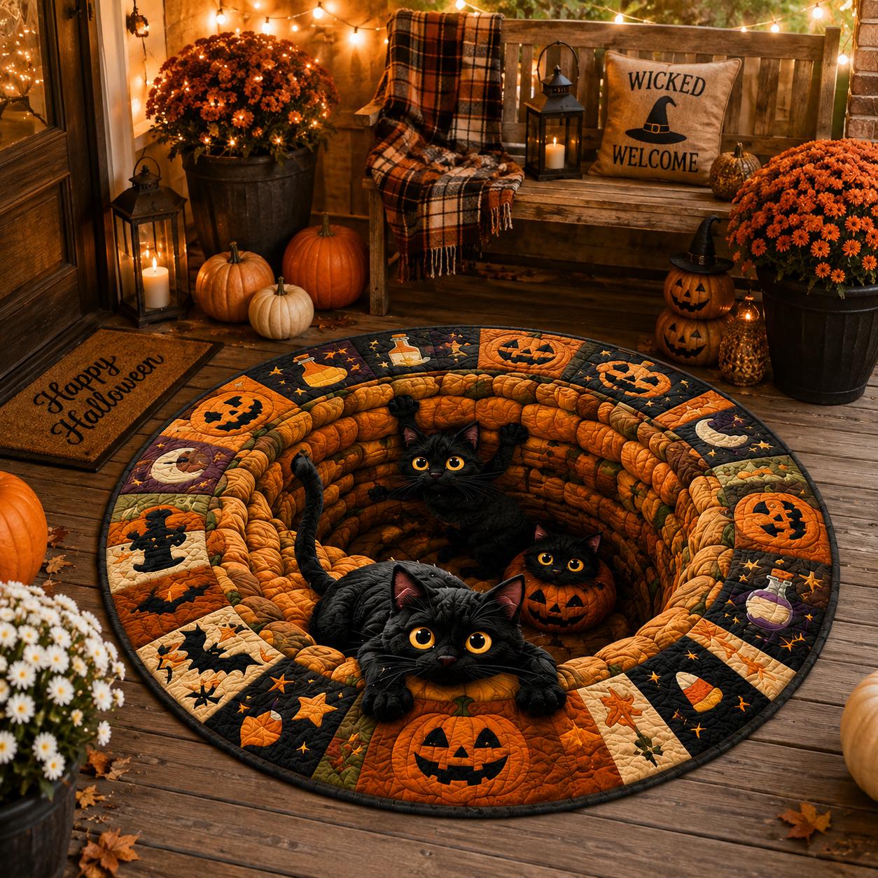 Black Cat Halloween Round Rug – 3D Illusion Quilted Pumpkin Cat Hole Floor Mat for Funny Spooky Black Cats Halloween Home Decor - photo 3