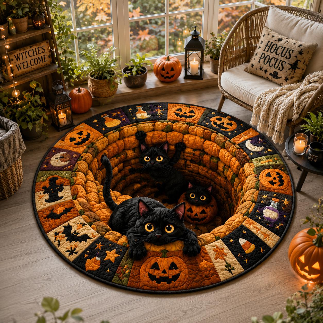 Black Cat Halloween Round Rug – 3D Illusion Quilted Pumpkin Cat Hole Floor Mat for Funny Spooky Black Cats Halloween Home Decor - photo 4