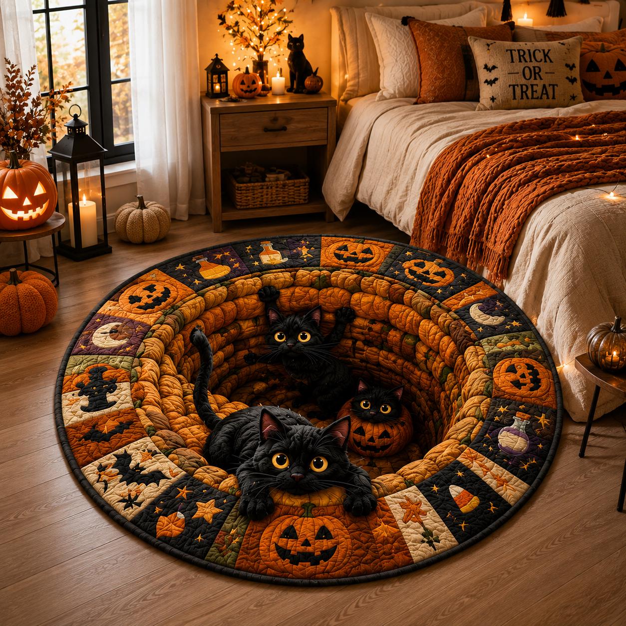 Black Cat Halloween Round Rug – 3D Illusion Quilted Pumpkin Cat Hole Floor Mat for Funny Spooky Black Cats Halloween Home Decor - photo 5