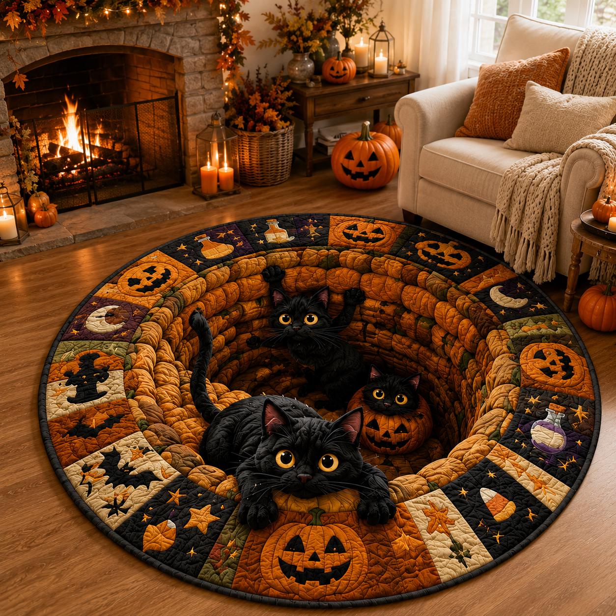 Black Cat Halloween Round Rug – 3D Illusion Quilted Pumpkin Cat Hole Floor Mat for Funny Spooky Black Cats Halloween Home Decor - photo 6