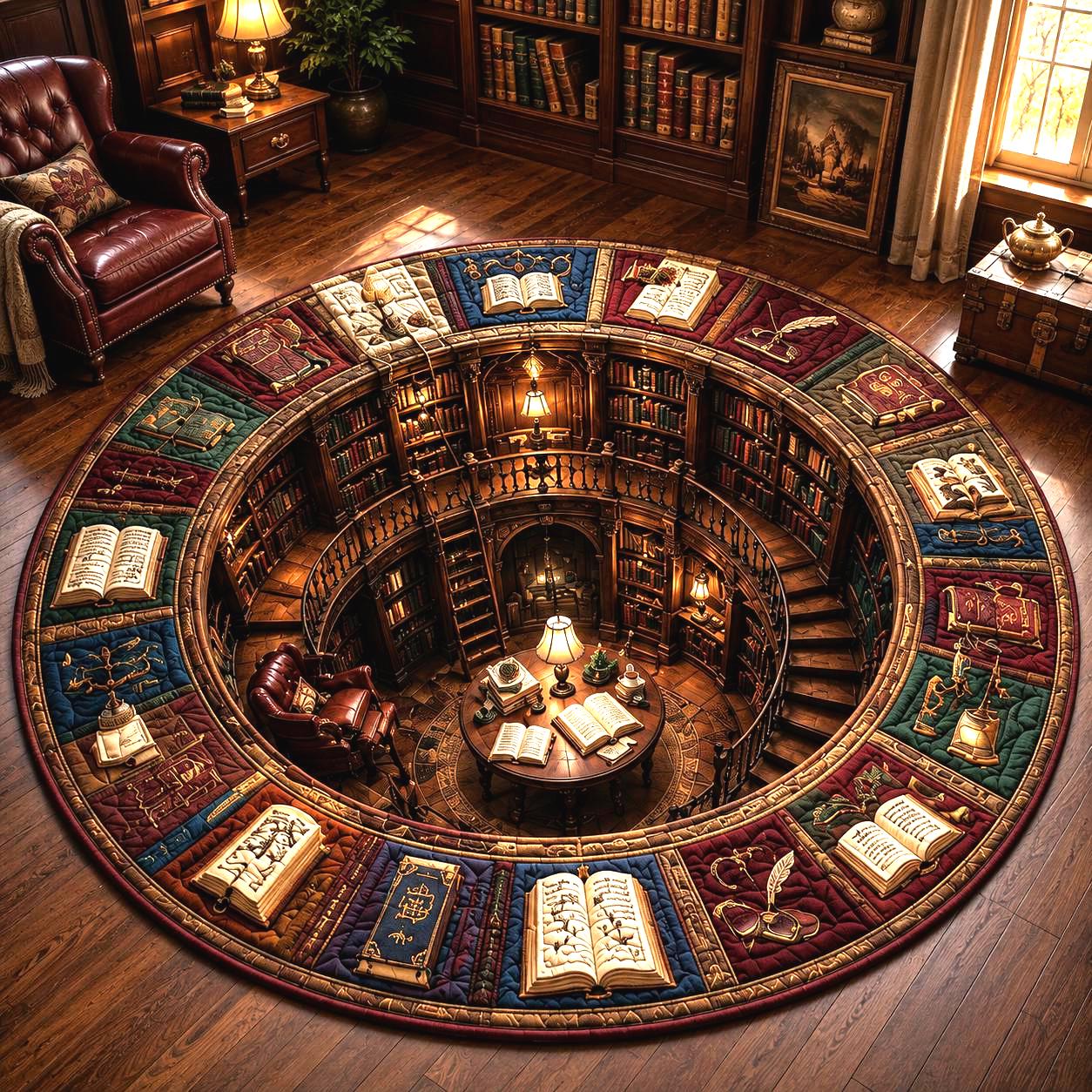 Book Lover Round Rug – 3D Illusion Library Floor Mat and Cozy Reading Nook Bookshelf Rug for Quilted Bookish Home Decor