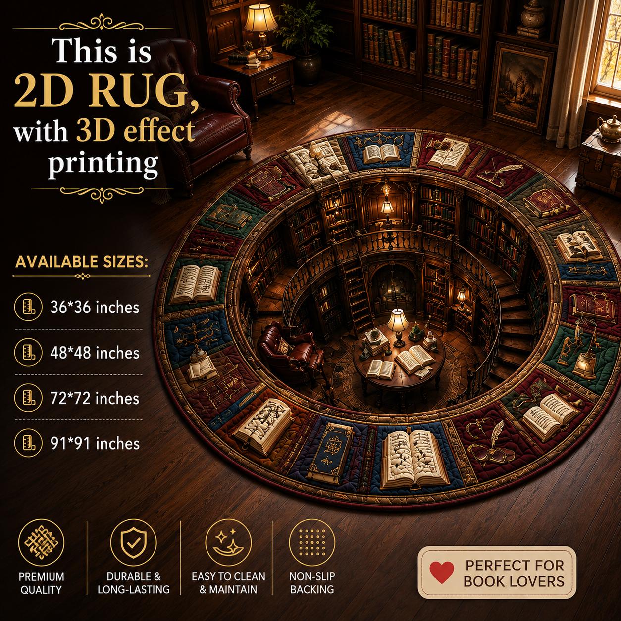 Book Lover Round Rug – 3D Illusion Library Floor Mat and Cozy Reading Nook Bookshelf Rug for Quilted Bookish Home Decor - photo 2