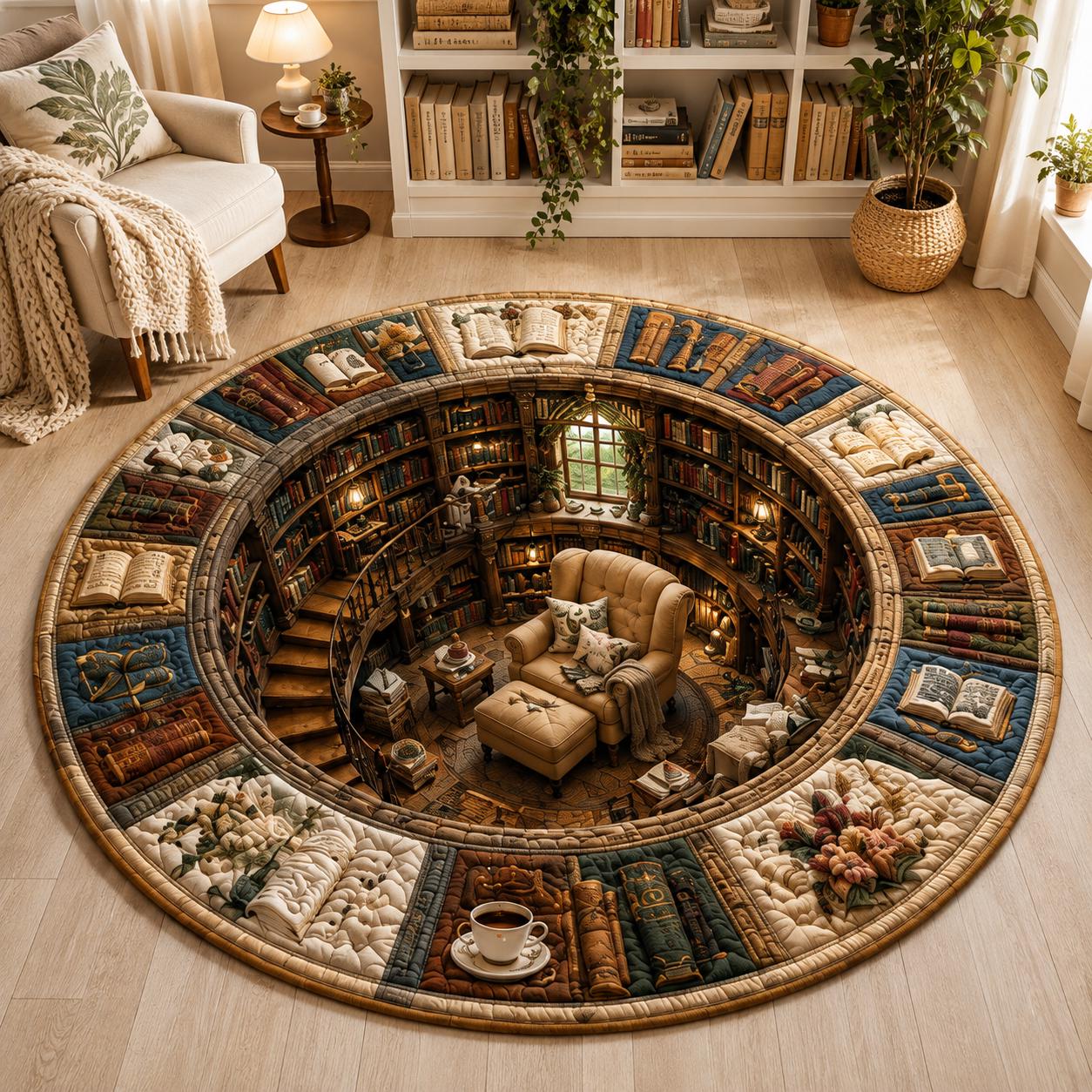 Book Lover Round Rug – 3D Illusion Library Floor Mat and Cozy Reading Nook Bookshelf Rug for Quilted Bookish Home Decor - photo 4