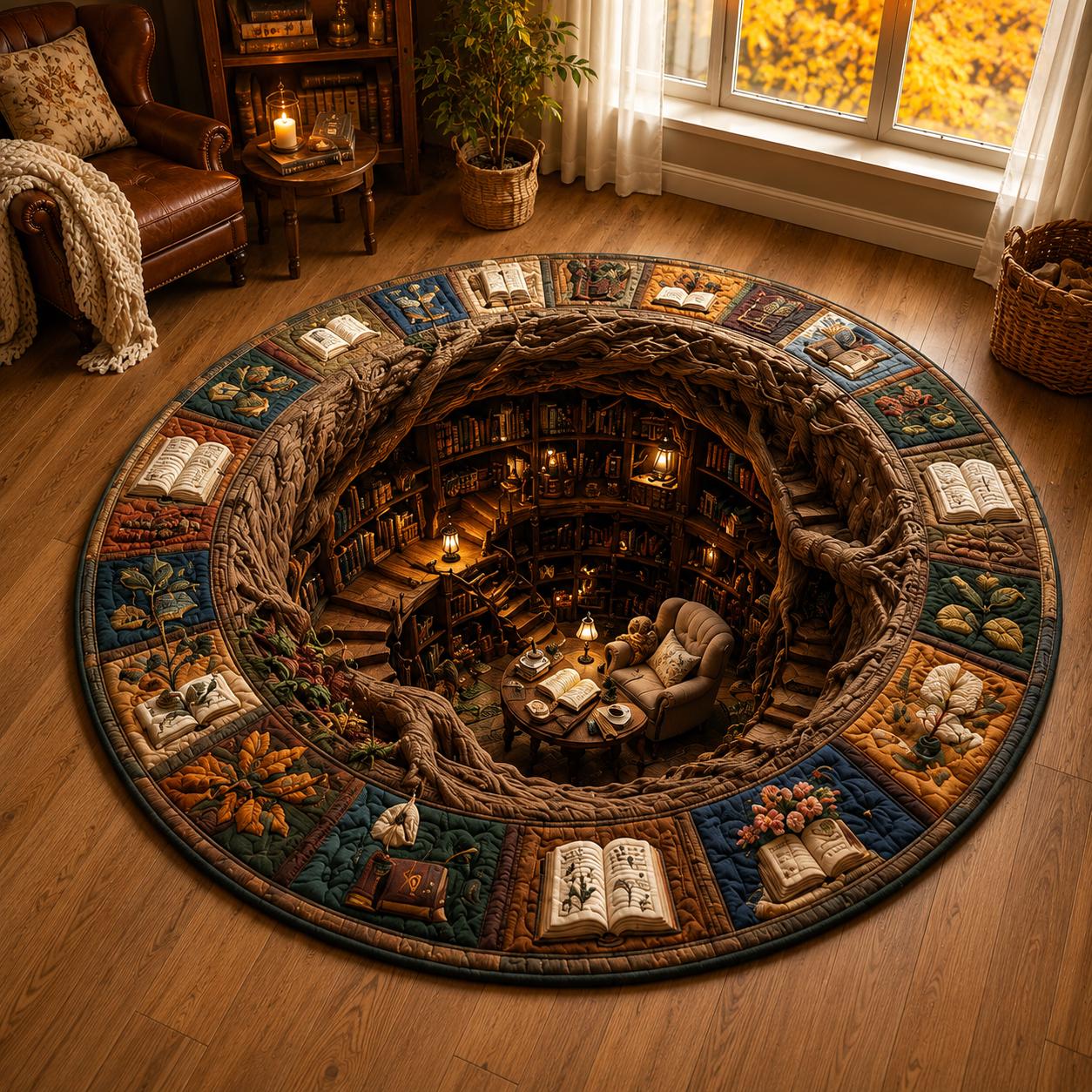 Book Lover Round Rug – 3D Illusion Library Floor Mat and Cozy Reading Nook Bookshelf Rug for Quilted Bookish Home Decor - photo 5