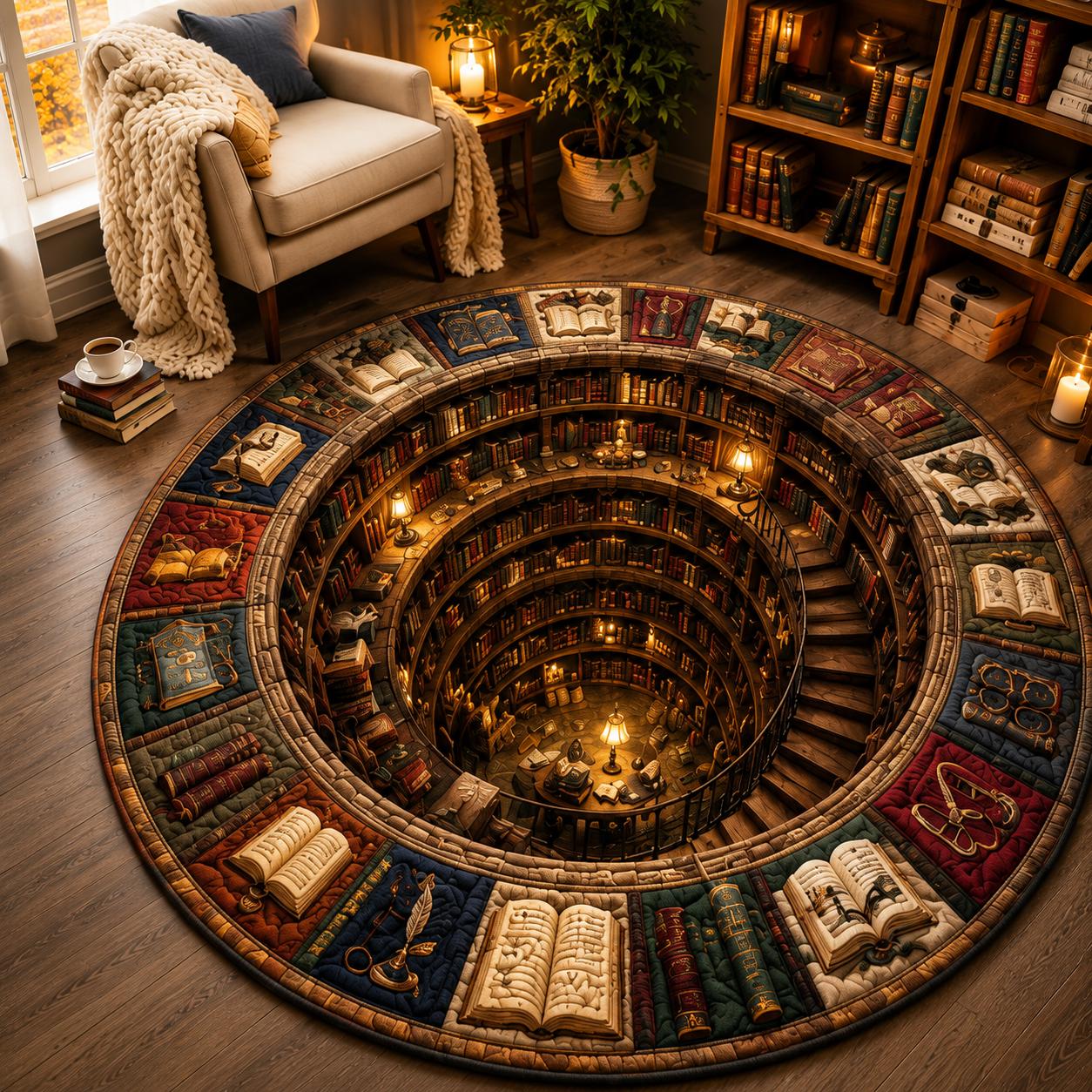 Book Lover Round Rug – 3D Illusion Library Floor Mat and Cozy Reading Nook Bookshelf Rug for Quilted Bookish Home Decor - photo 6