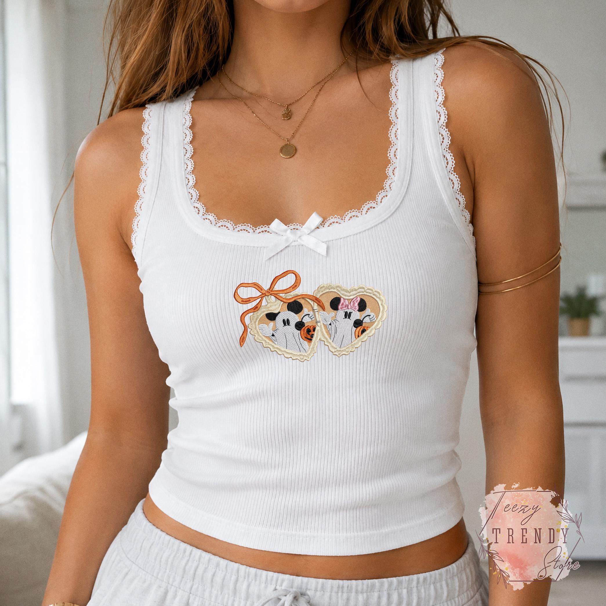 Embroidered Mickey and Minnie Locket Heart Lace Trim Tank Top – Disney Disneyland Halloween Couple Tee and Shirt for Spooky Season - photo 6