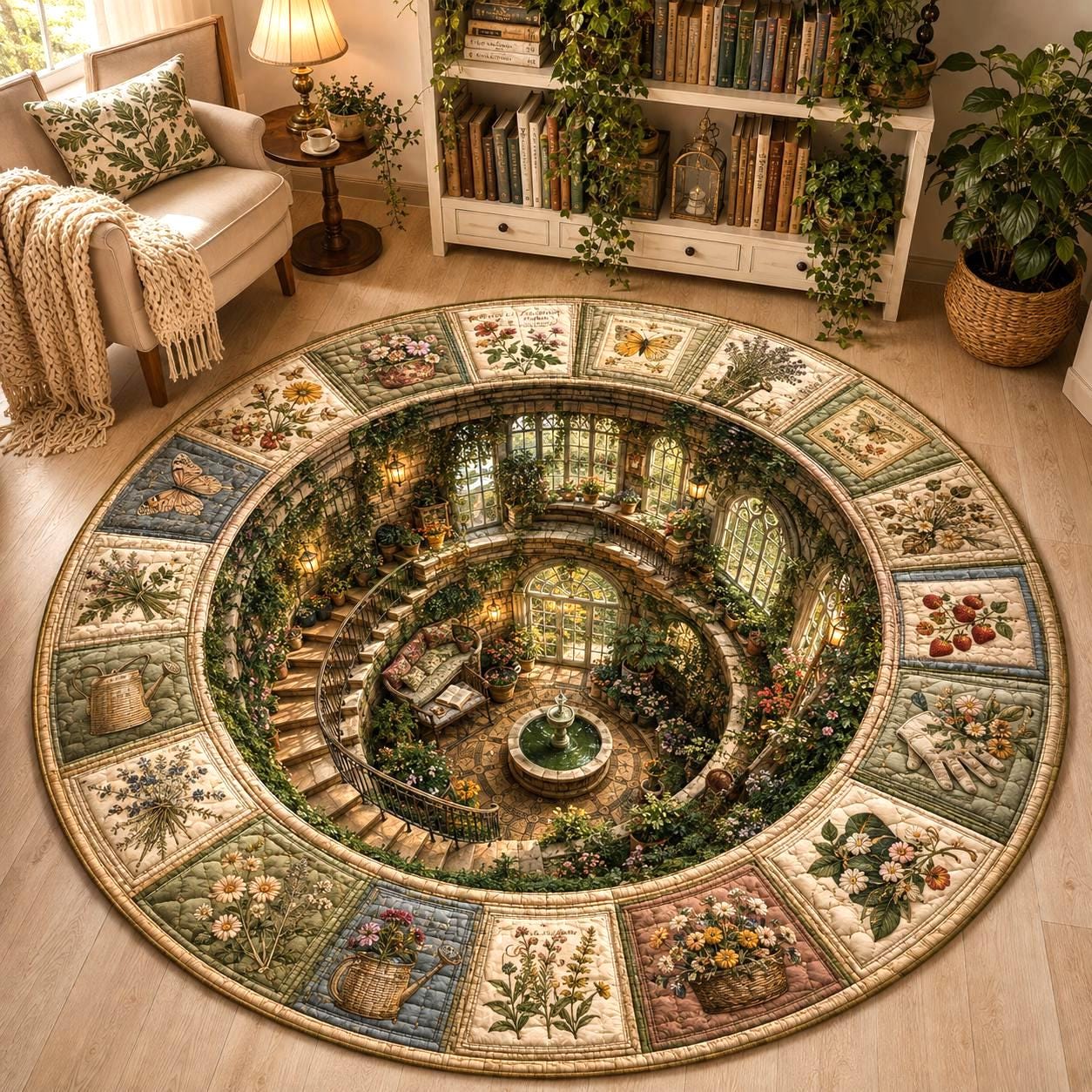 Botanical Garden Round Rug with 3D Illusion for Greenhouse Floor Mat Floral Secret Garden Cottagecore Nature Home Decor