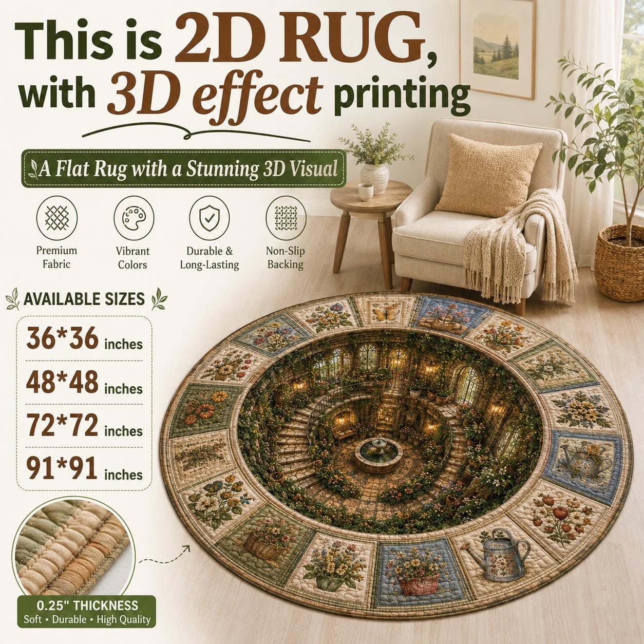 Botanical Garden Round Rug with 3D Illusion for Greenhouse Floor Mat Floral Secret Garden Cottagecore Nature Home Decor - photo 2