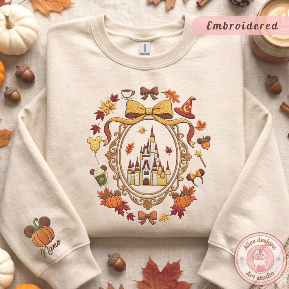 Embroidered Coquette Disney Castle Fall Vibes T-Shirt or Sweatshirt with Custom Name Mickey Pumpkin for Autumn WDW Disneyland