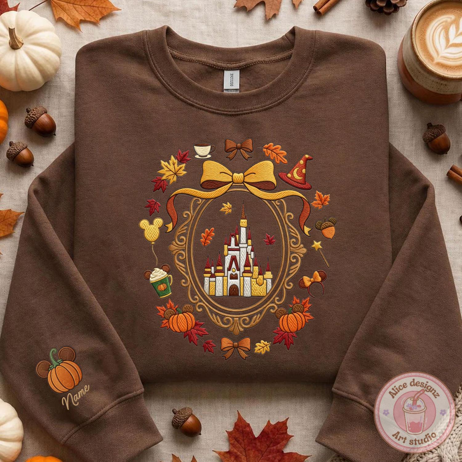 Embroidered Coquette Disney Castle Fall Vibes T-Shirt or Sweatshirt with Custom Name Mickey Pumpkin for Autumn WDW Disneyland - photo 2