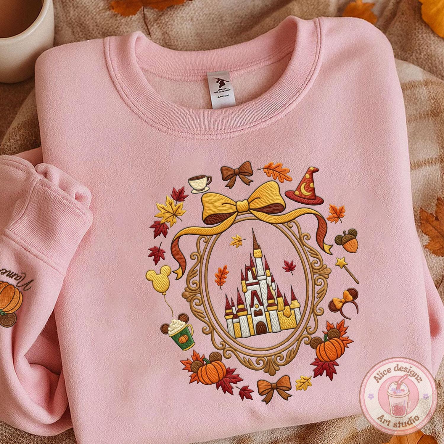 Embroidered Coquette Disney Castle Fall Vibes T-Shirt or Sweatshirt with Custom Name Mickey Pumpkin for Autumn WDW Disneyland - photo 3