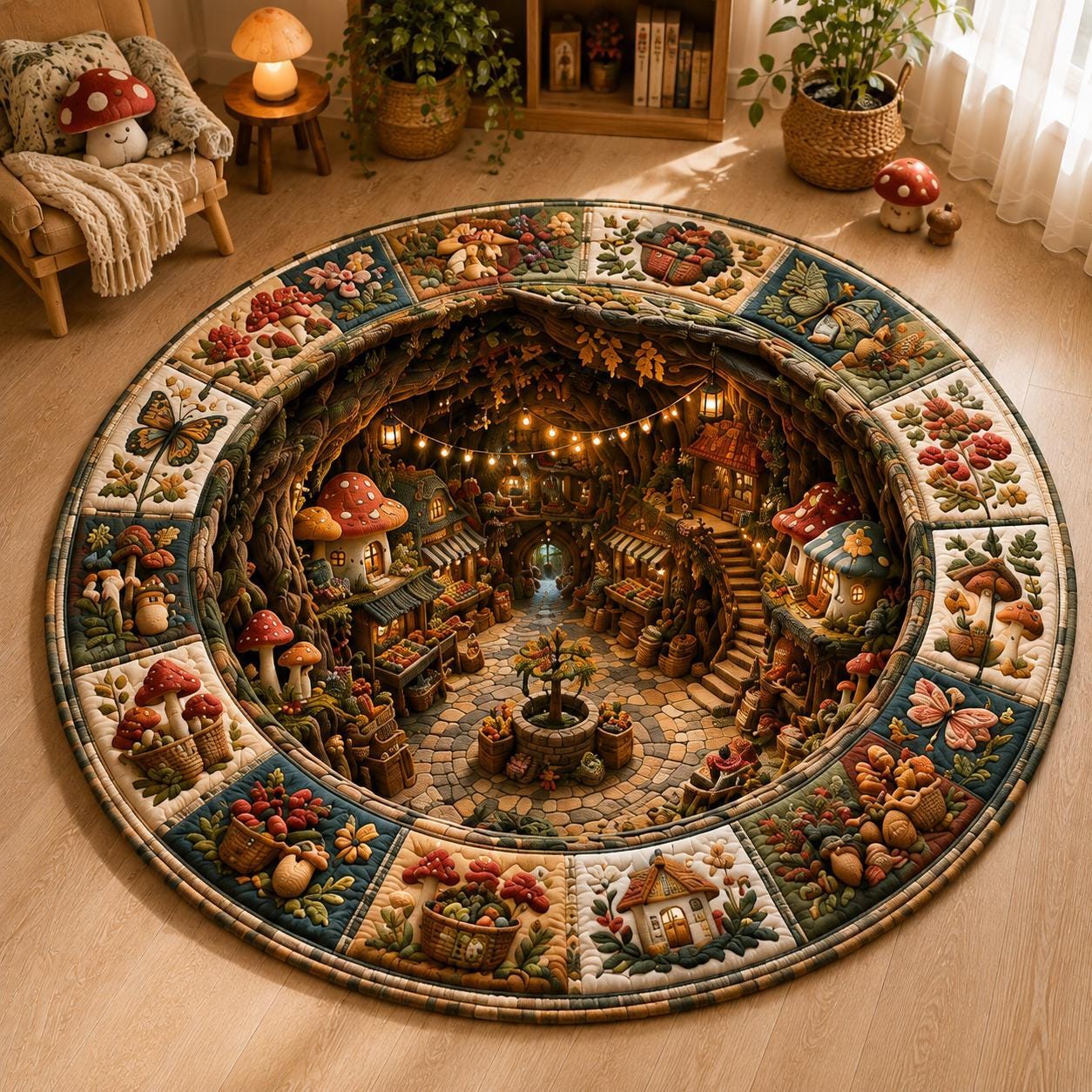 Mushroom Village Round Rug with 3D Illusion for Fairy Market Floor Mat Whimsical Cottagecore Forest and Enchanted Woodland Home Decor