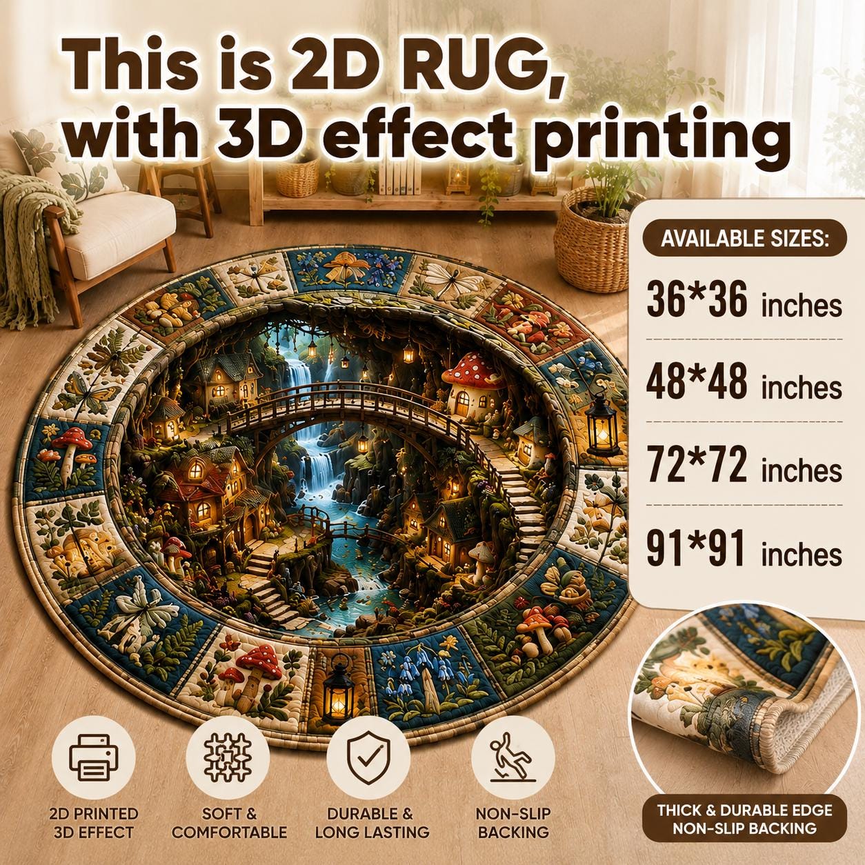 Mushroom Village Round Rug with 3D Illusion for Fairy Market Floor Mat Whimsical Cottagecore Forest and Enchanted Woodland Home Decor - photo 2