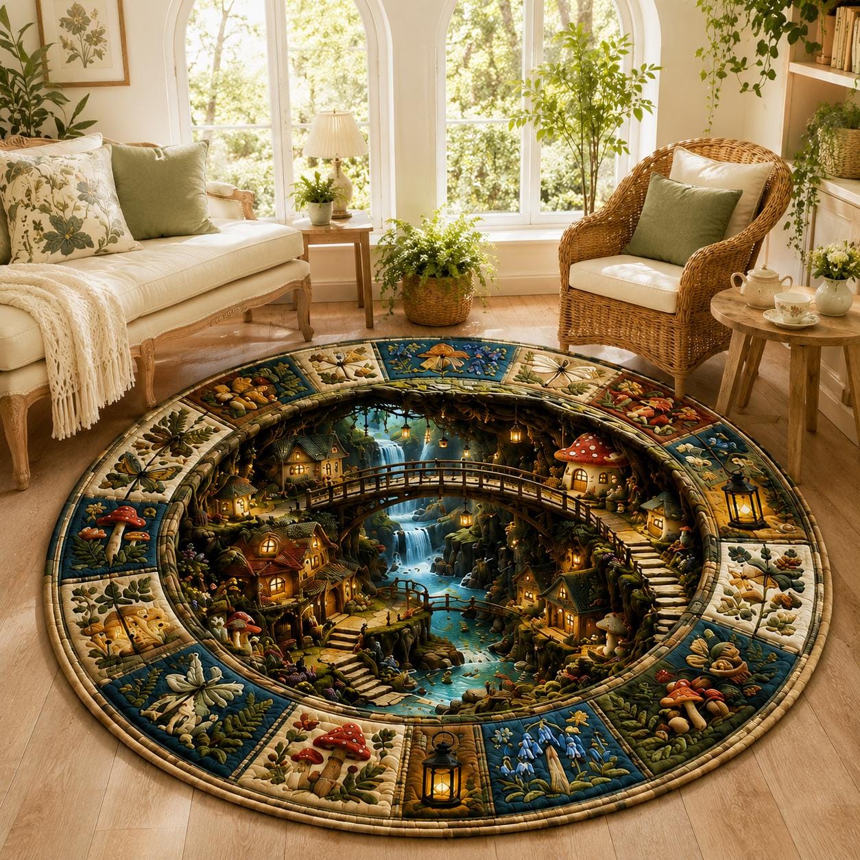 Mushroom Village Round Rug with 3D Illusion for Fairy Market Floor Mat Whimsical Cottagecore Forest and Enchanted Woodland Home Decor - photo 4