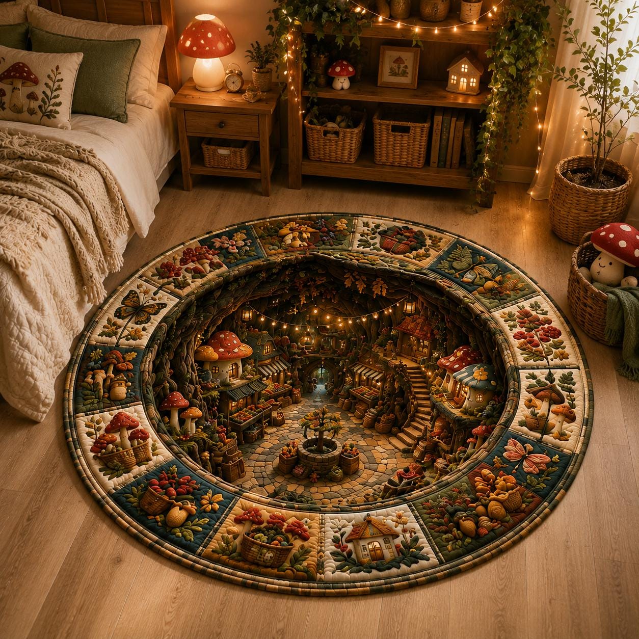 Mushroom Village Round Rug with 3D Illusion for Fairy Market Floor Mat Whimsical Cottagecore Forest and Enchanted Woodland Home Decor - photo 5