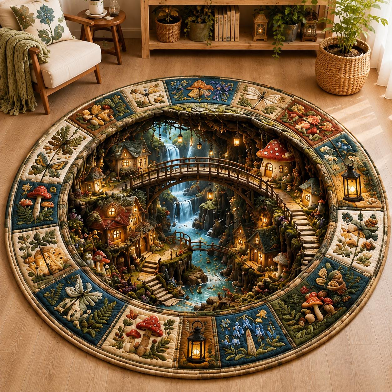 Mushroom Village Round Rug with 3D Illusion for Fairy Market Floor Mat Whimsical Cottagecore Forest and Enchanted Woodland Home Decor - photo 6