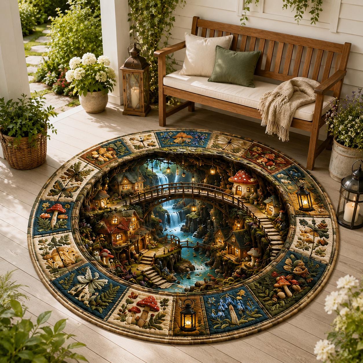 Mushroom Village Round Rug with 3D Illusion for Fairy Market Floor Mat Whimsical Cottagecore Forest and Enchanted Woodland Home Decor - photo 7