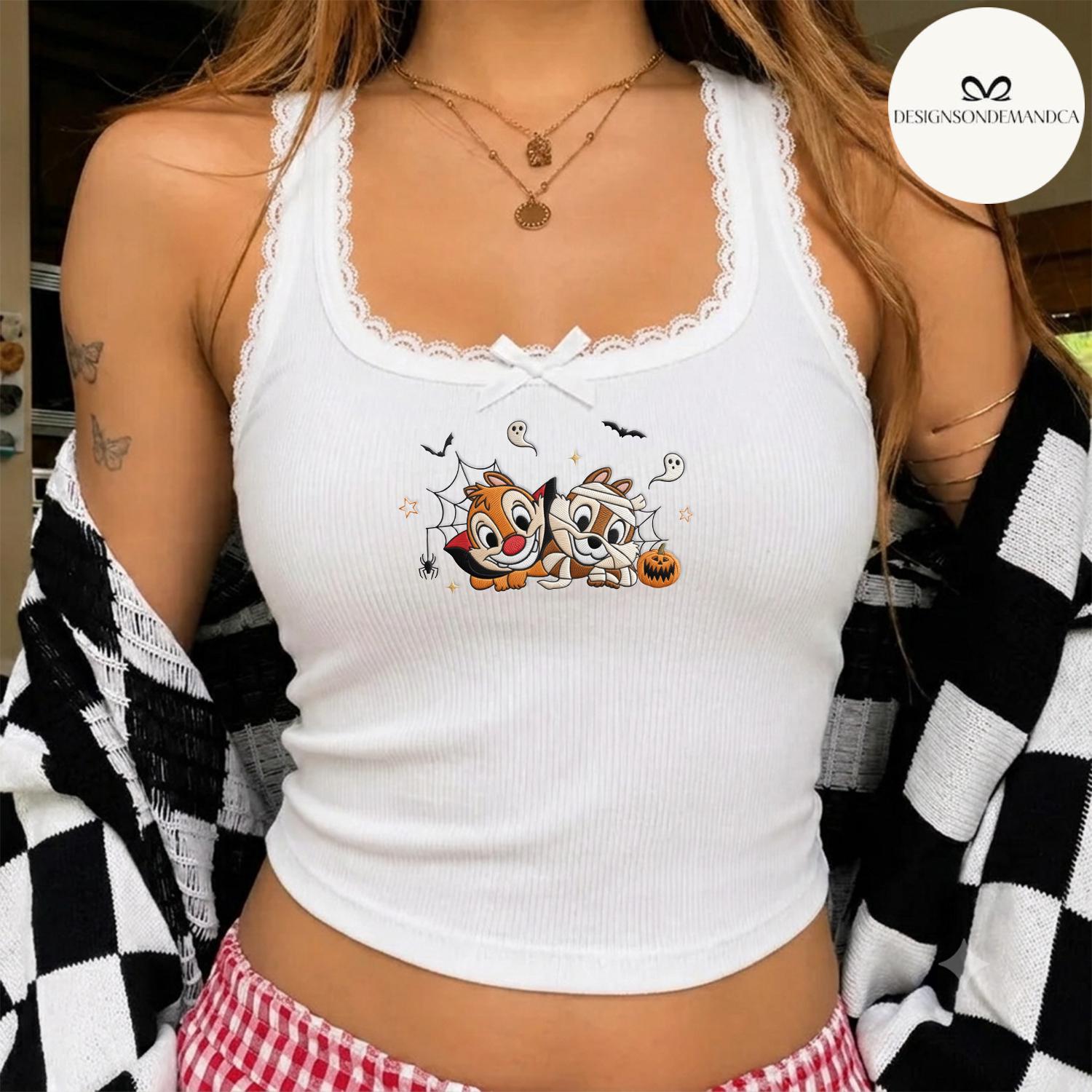 Embroidered Disney Chip and Dale Halloween Lace Trim Tank Top – Double Trouble Baby Tee Crop Tank for a Besties Outfit - photo 3