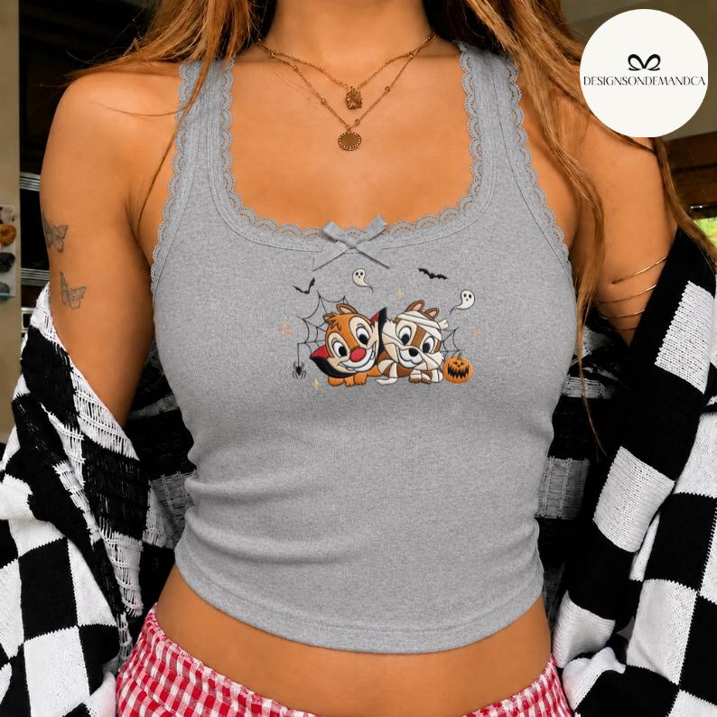 Embroidered Disney Chip and Dale Halloween Lace Trim Tank Top – Double Trouble Baby Tee Crop Tank for a Besties Outfit - photo 4