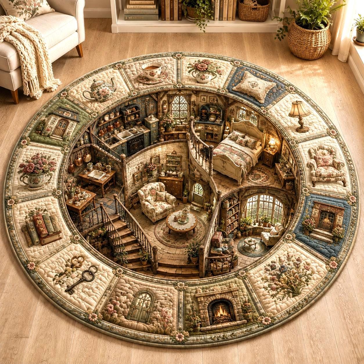Miniature Dollhouse Round Rug with 3D Illusion for Cozy Home Floor Mat Vintage Victorian Dollhouse and Cottagecore Room Decor