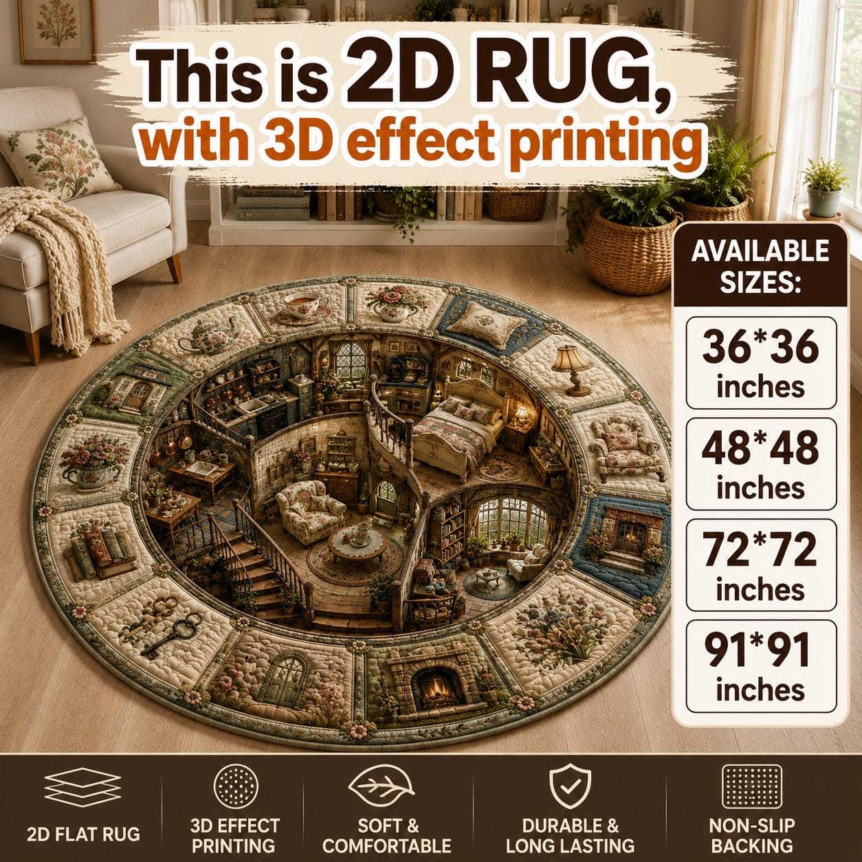 Miniature Dollhouse Round Rug with 3D Illusion for Cozy Home Floor Mat Vintage Victorian Dollhouse and Cottagecore Room Decor - photo 2