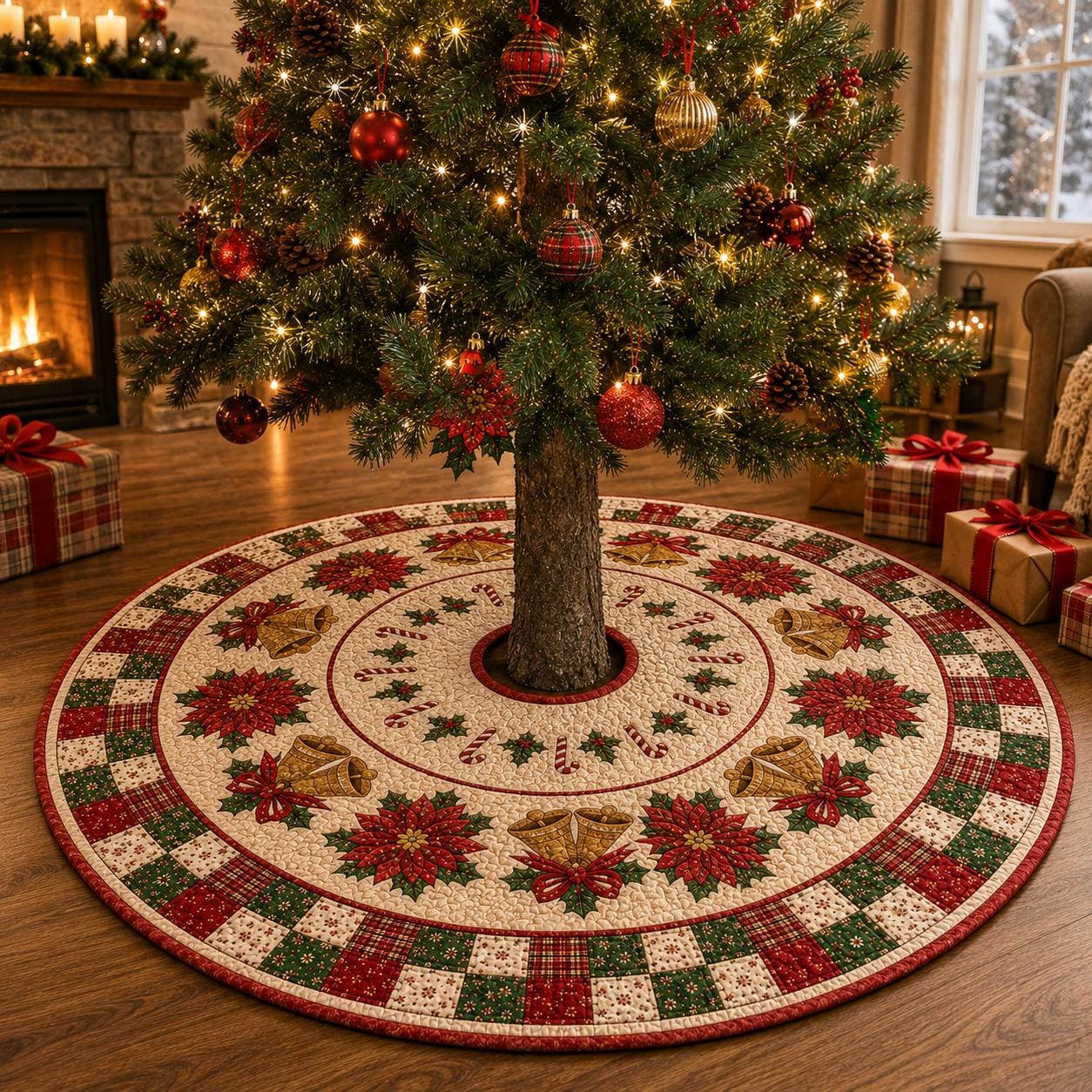 Quilted Style Christmas Tree Skirt with Poinsettia, Bell and Candy Cane, Holiday Tree Mat Decor