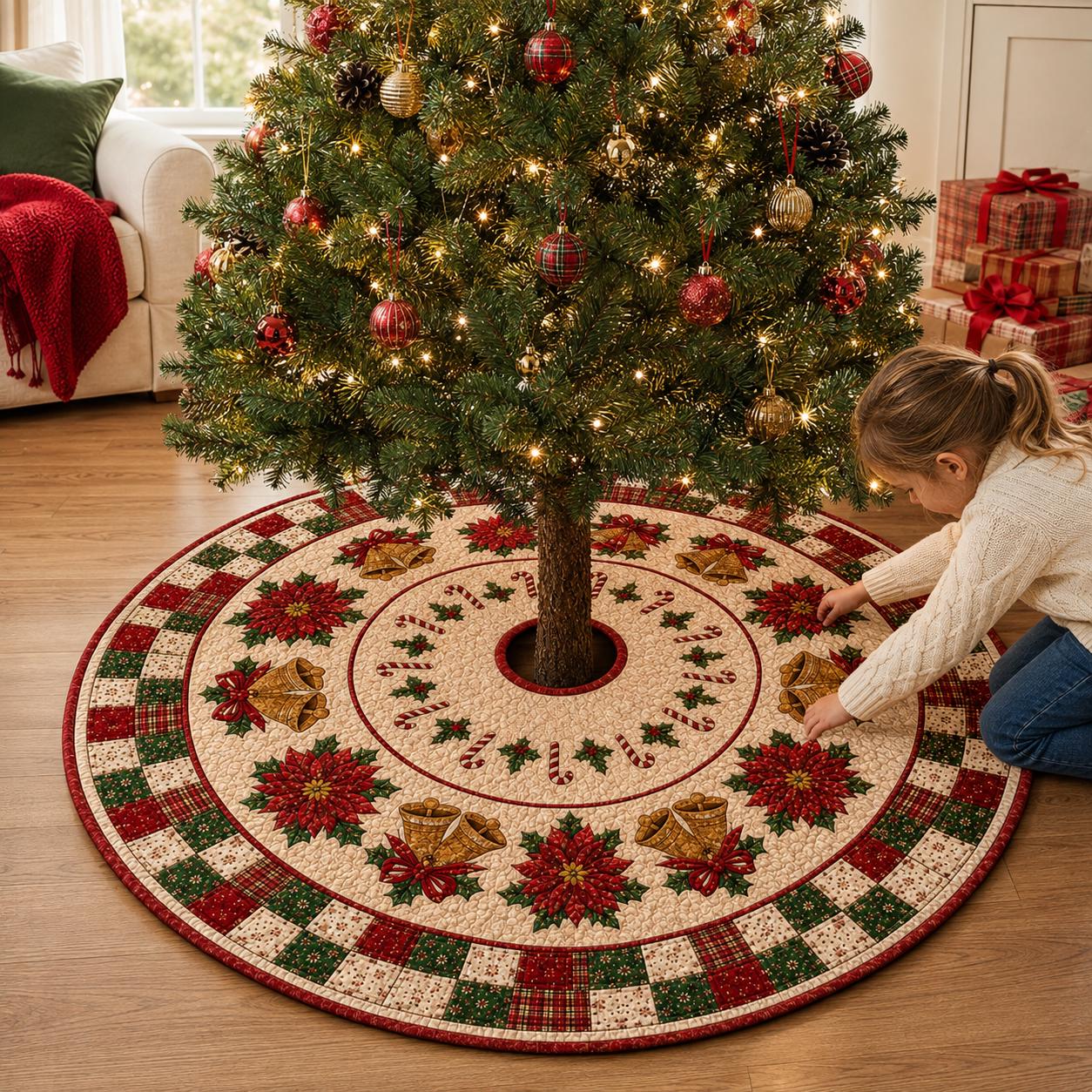 Quilted Style Christmas Tree Skirt with Poinsettia, Bell and Candy Cane, Holiday Tree Mat Decor - photo 2