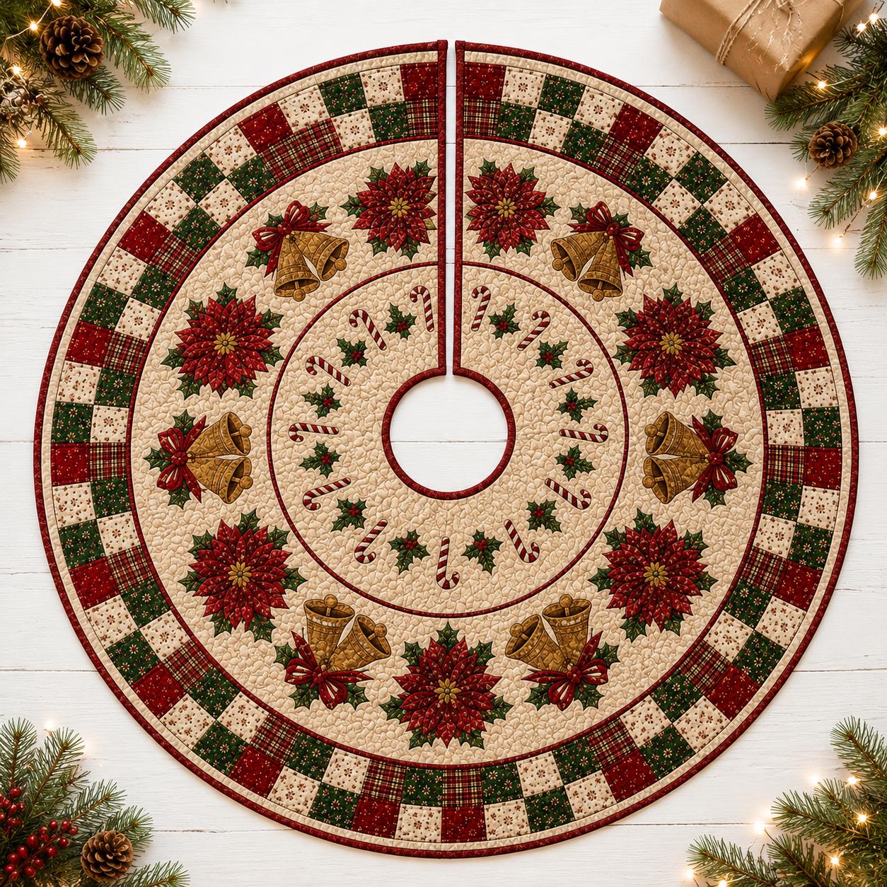 Quilted Style Christmas Tree Skirt with Poinsettia, Bell and Candy Cane, Holiday Tree Mat Decor - photo 3