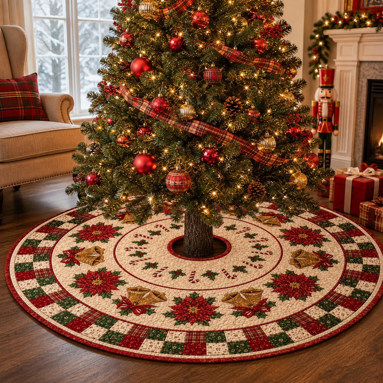 Quilted Style Christmas Tree Skirt with Poinsettia, Bell and Candy Cane, Holiday Tree Mat Decor - photo 4