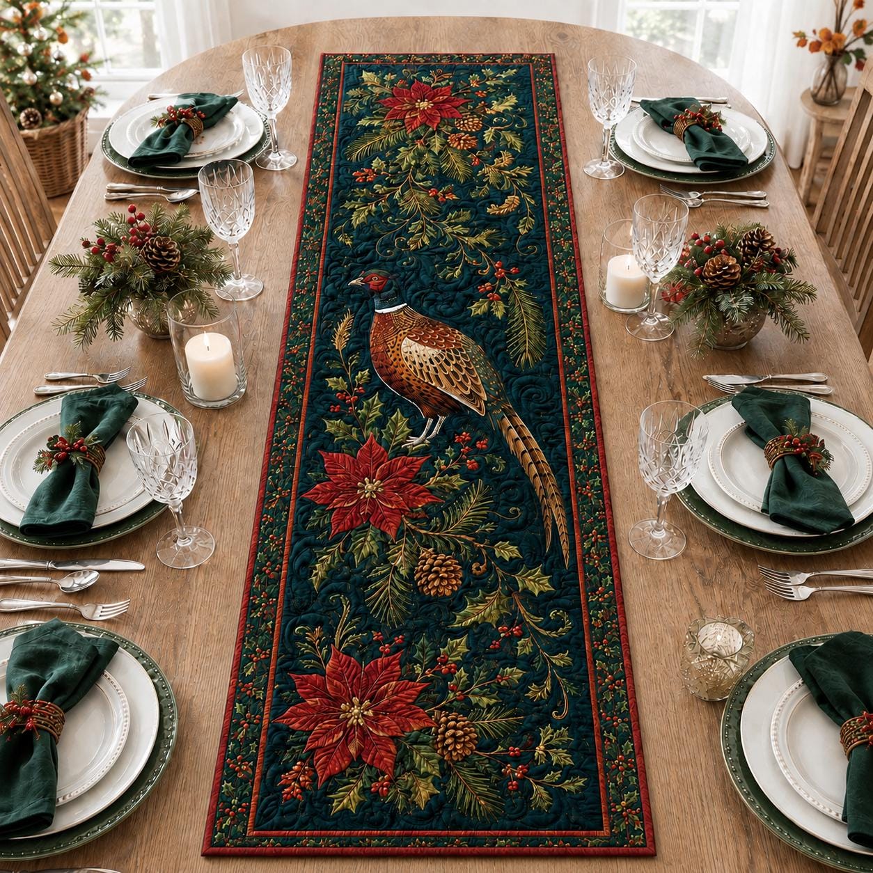 Christmas Pheasant Bird Table Runner with Quilt Style for Holiday Table Decor Poinsettia Pine Berry Farmhouse Winter Centerpiece