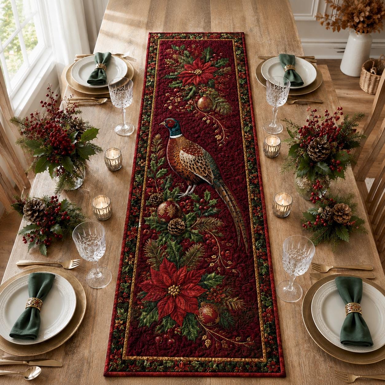 Christmas Pheasant Bird Table Runner with Quilt Style for Holiday Table Decor Poinsettia Pine Berry Farmhouse Winter Centerpiece - photo 2