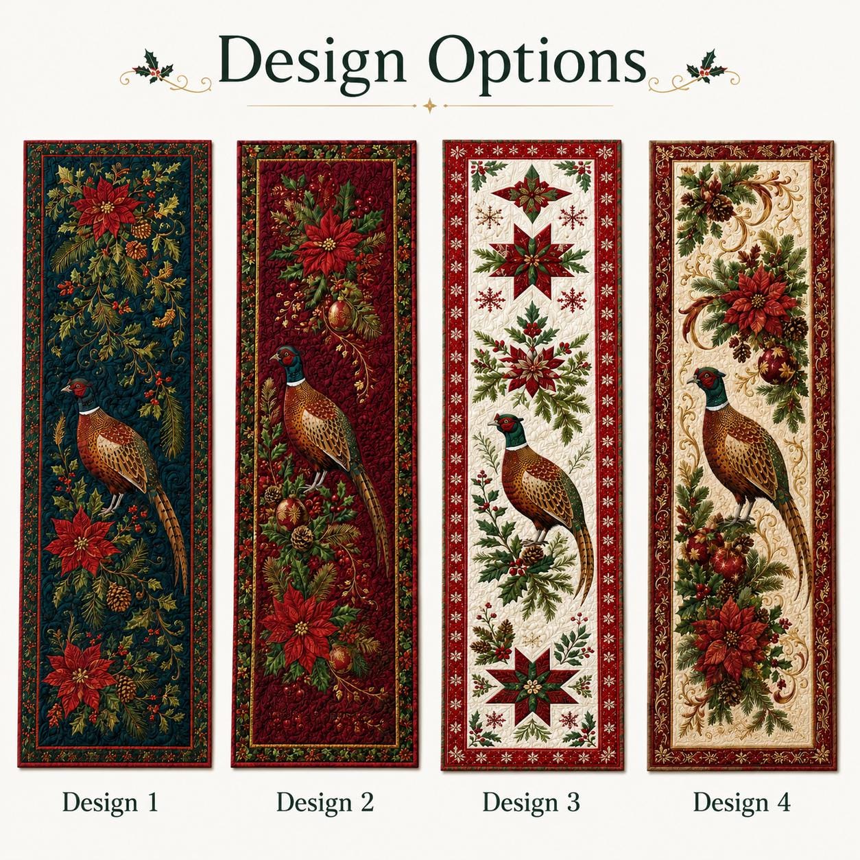 Christmas Pheasant Bird Table Runner with Quilt Style for Holiday Table Decor Poinsettia Pine Berry Farmhouse Winter Centerpiece - photo 3