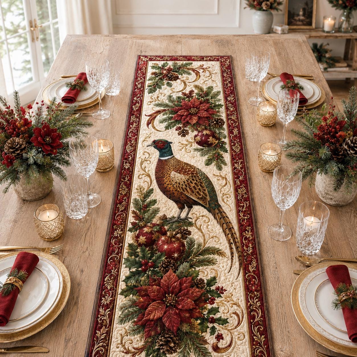 Christmas Pheasant Bird Table Runner with Quilt Style for Holiday Table Decor Poinsettia Pine Berry Farmhouse Winter Centerpiece - photo 5