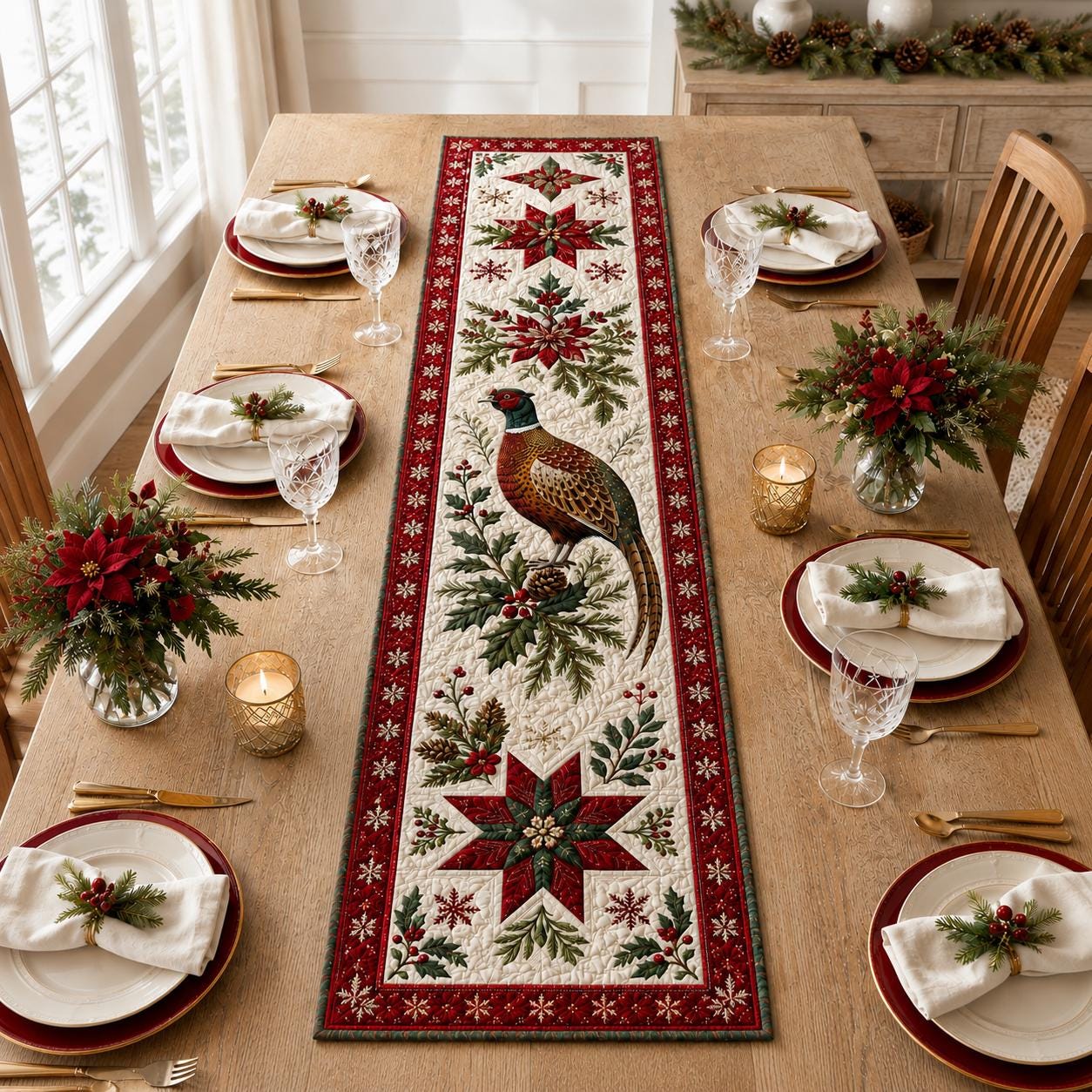 Christmas Pheasant Bird Table Runner with Quilt Style for Holiday Table Decor Poinsettia Pine Berry Farmhouse Winter Centerpiece - photo 6