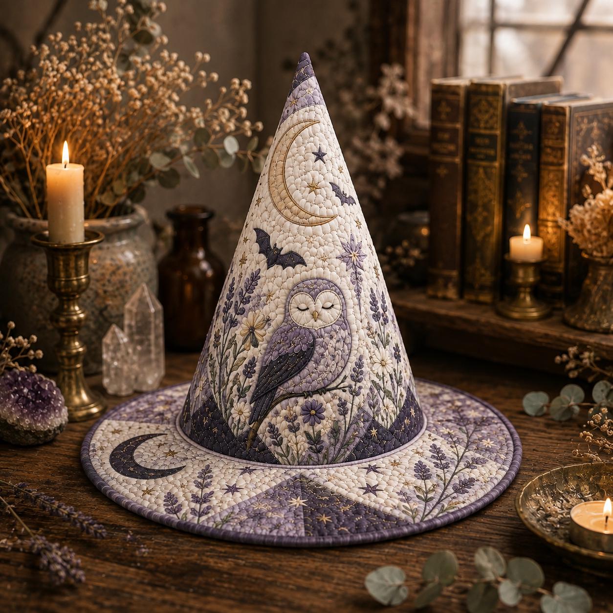 Owl Witch Hat Halloween Tabletop Decor Accent with Celestial Moon, Lavender Gothic Witchy Quilted Style Decoration and Owl Lover Gift