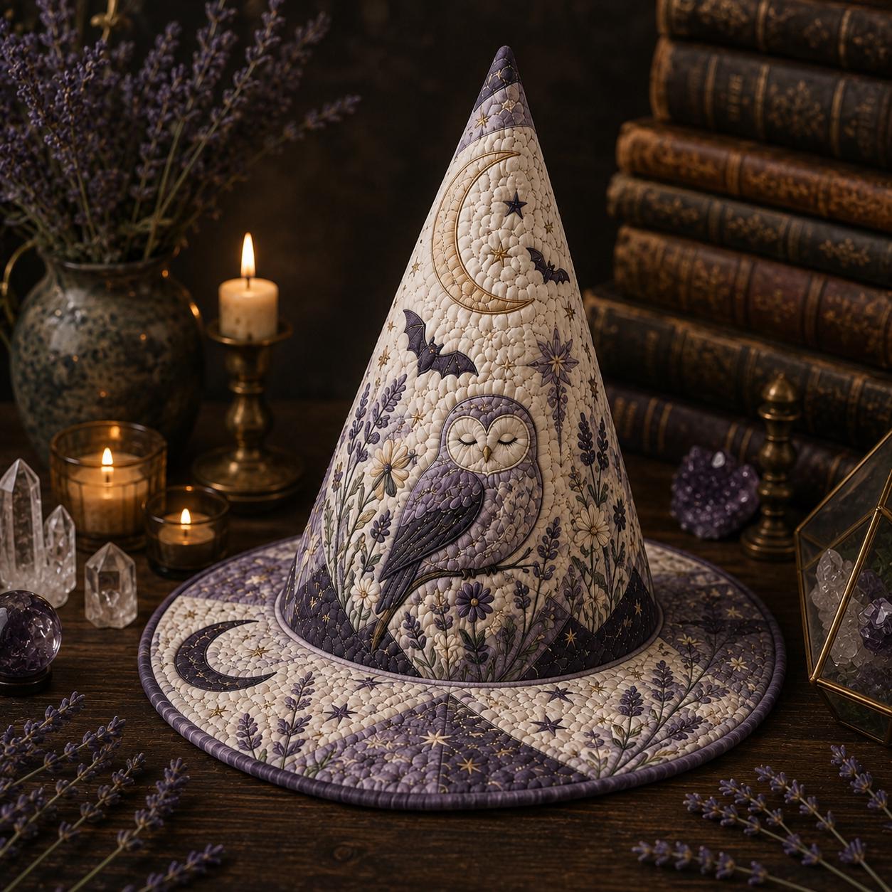 Owl Witch Hat Halloween Tabletop Decor Accent with Celestial Moon, Lavender Gothic Witchy Quilted Style Decoration and Owl Lover Gift - photo 2