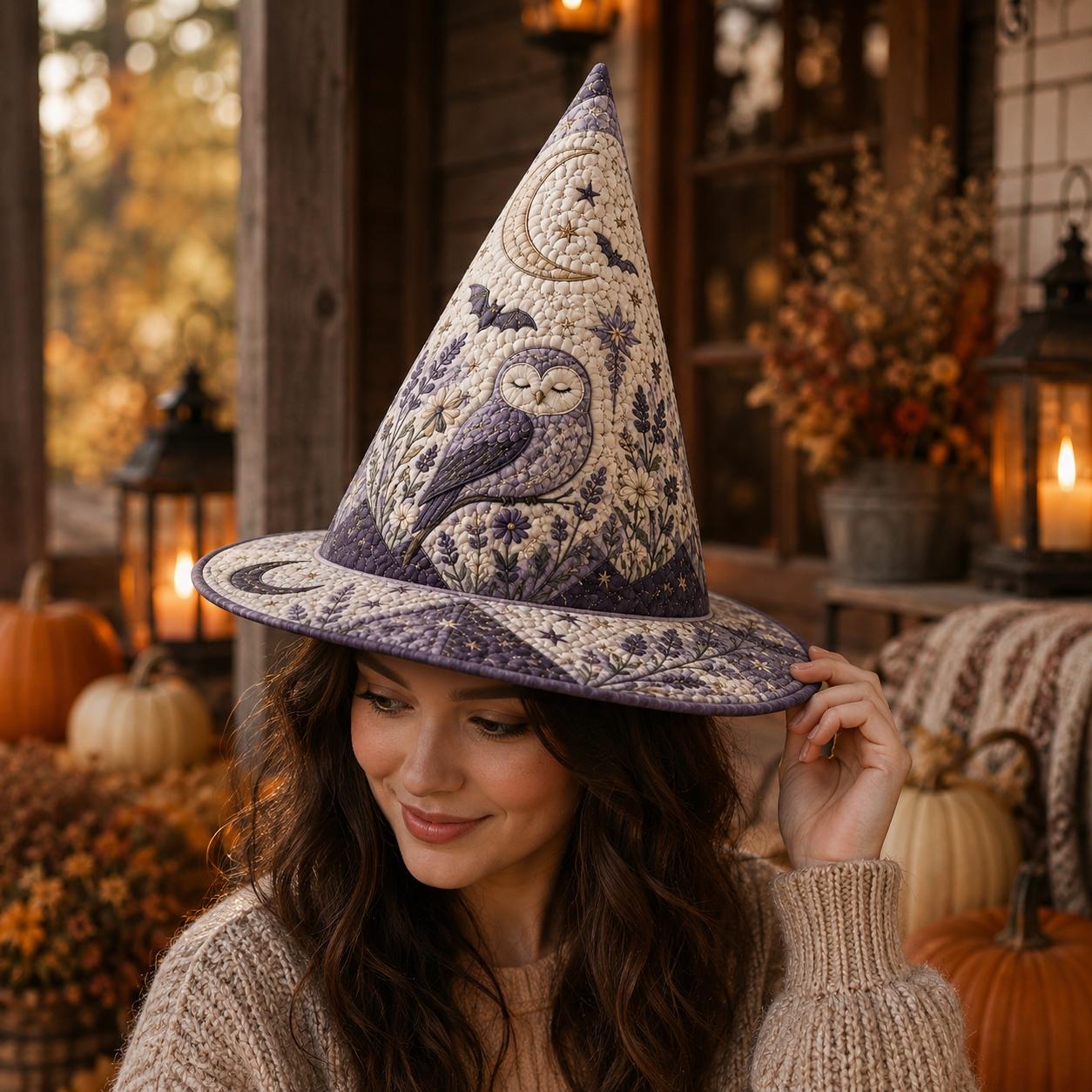 Owl Witch Hat Halloween Tabletop Decor Accent with Celestial Moon, Lavender Gothic Witchy Quilted Style Decoration and Owl Lover Gift - photo 3