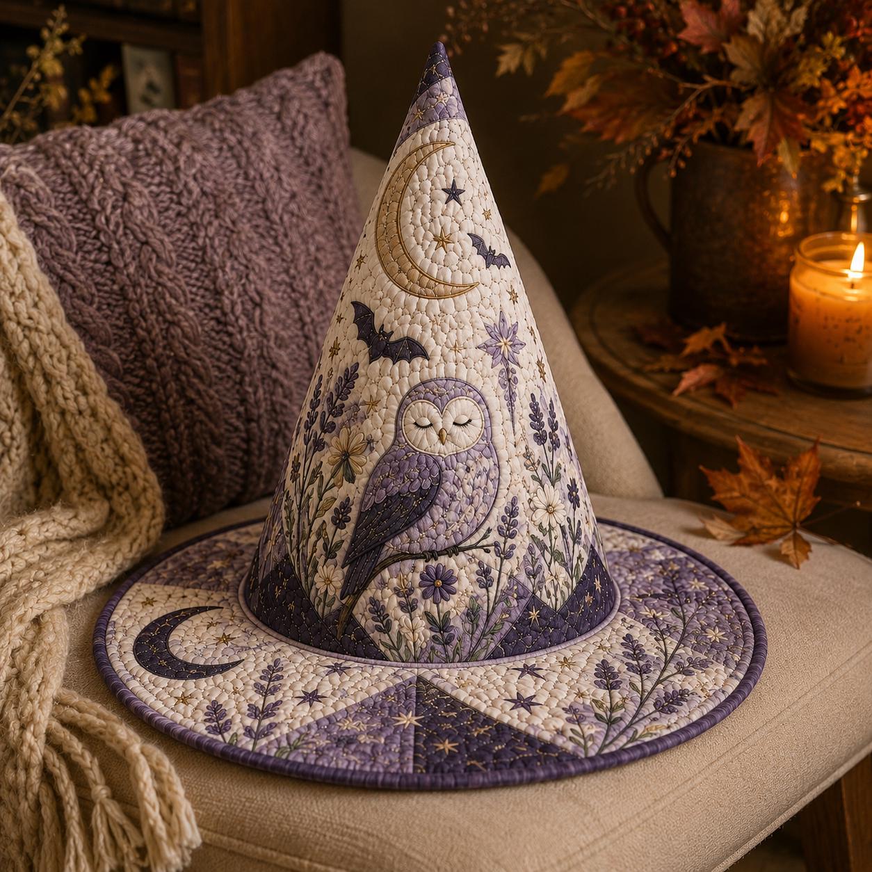 Owl Witch Hat Halloween Tabletop Decor Accent with Celestial Moon, Lavender Gothic Witchy Quilted Style Decoration and Owl Lover Gift - photo 4