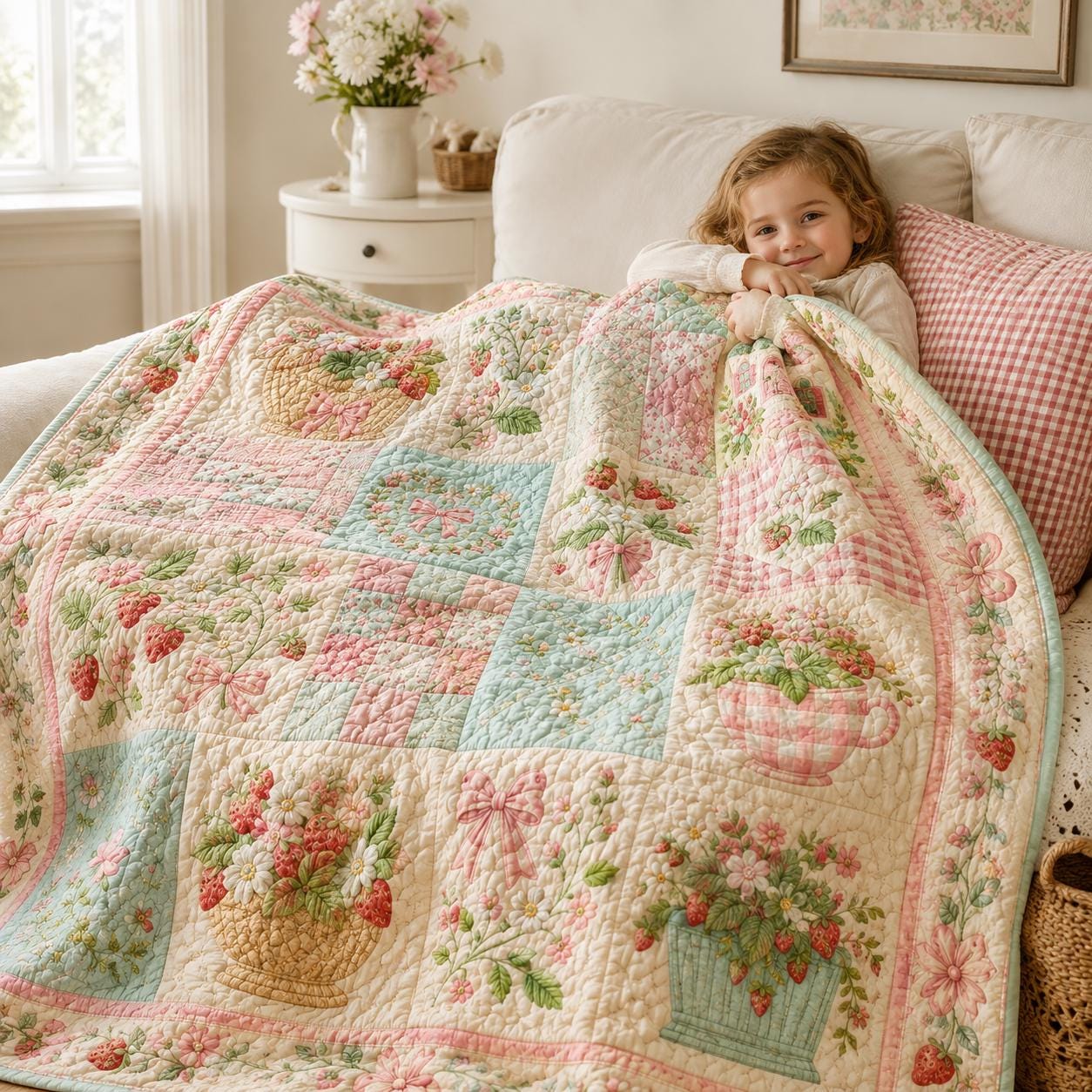 Strawberry Blanket with Quilted Style for Cottagecore Floral Throw Pink Gingham Bedroom Decor Spring Garden Gift for Her Home Decor