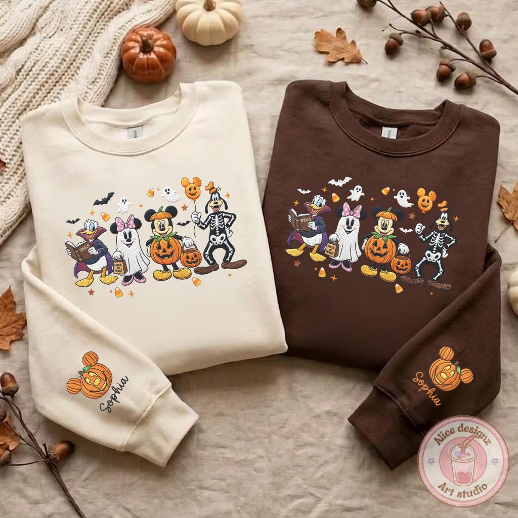 Embroidered Mickey and Friends Disney Halloween T-Shirt or Sweatshirt with Custom Name Mickey Pumpkin for WDW Disneyland