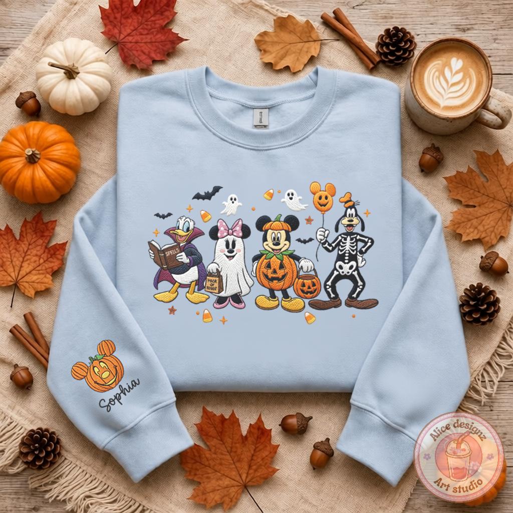 Embroidered Mickey and Friends Disney Halloween T-Shirt or Sweatshirt with Custom Name Mickey Pumpkin for WDW Disneyland - photo 3