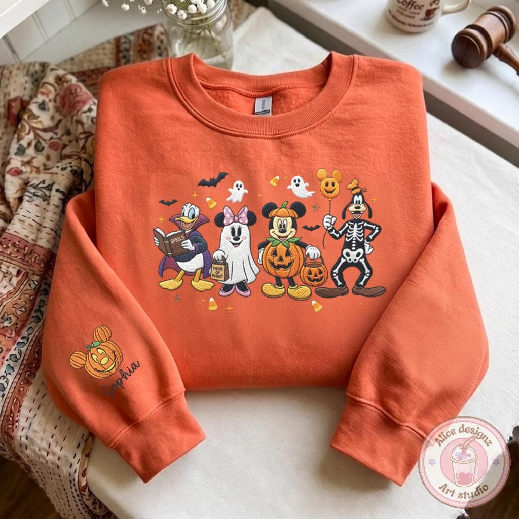 Embroidered Mickey and Friends Disney Halloween T-Shirt or Sweatshirt with Custom Name Mickey Pumpkin for WDW Disneyland - photo 4